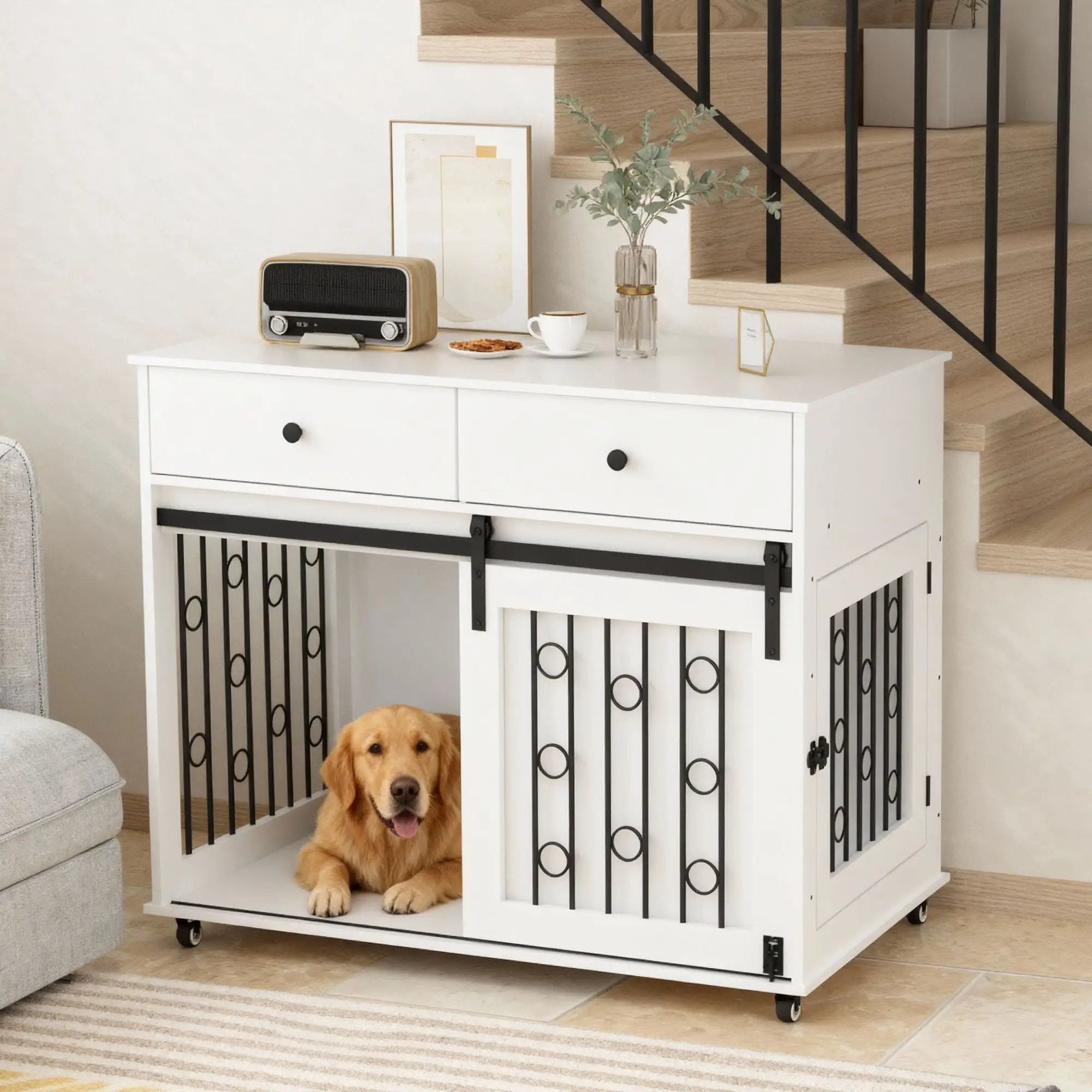 Dog Crate Furniture With Double Drawers And Sliding Barn Door, Pet Kennel For Small To Medium Dogs - White by HouseOfZazla