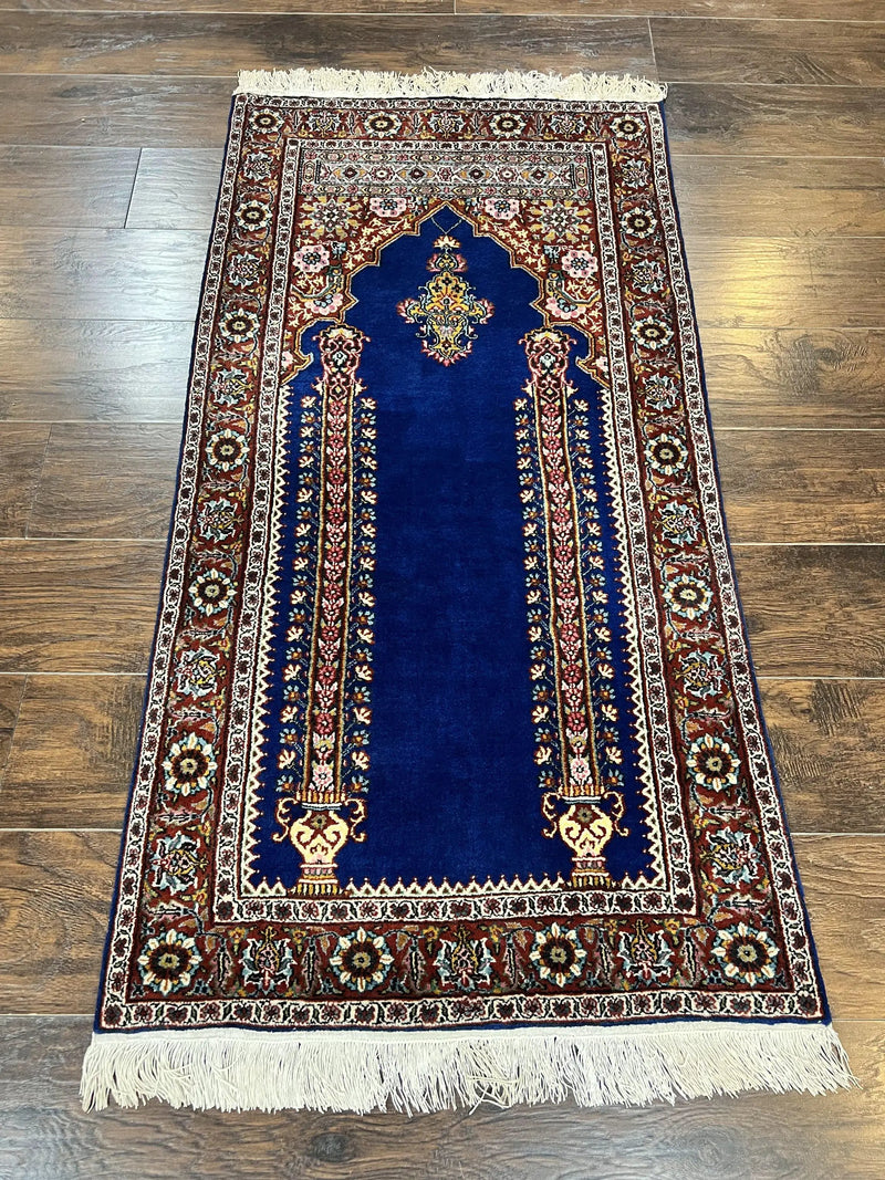 Indo Persian Prayer Rug 3x5, Fine Oriental Carpet, Dark Blue and Red, Vintage Hand Knotted Handmade Prayer Rug by Jewel Rugs
