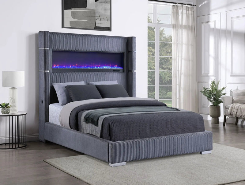 Tisdall Upholstered Queen Flame Visualizer Bed Grey by Unique Piece Furniture