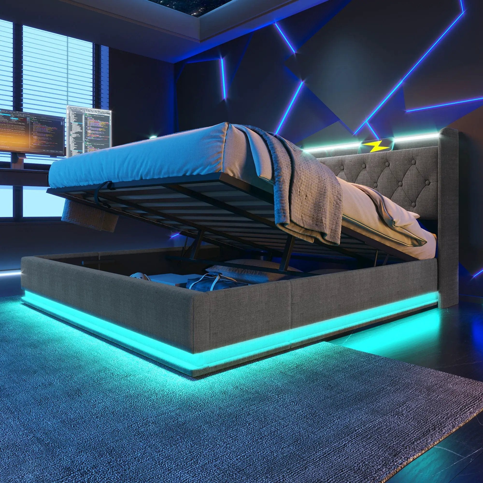 Upholstered Bed, 360 Surround LED Function, Remote Control, Hydraulic Storage Bed With USB, Type-C Charging (Without Mattress) by HouseOfZazla
