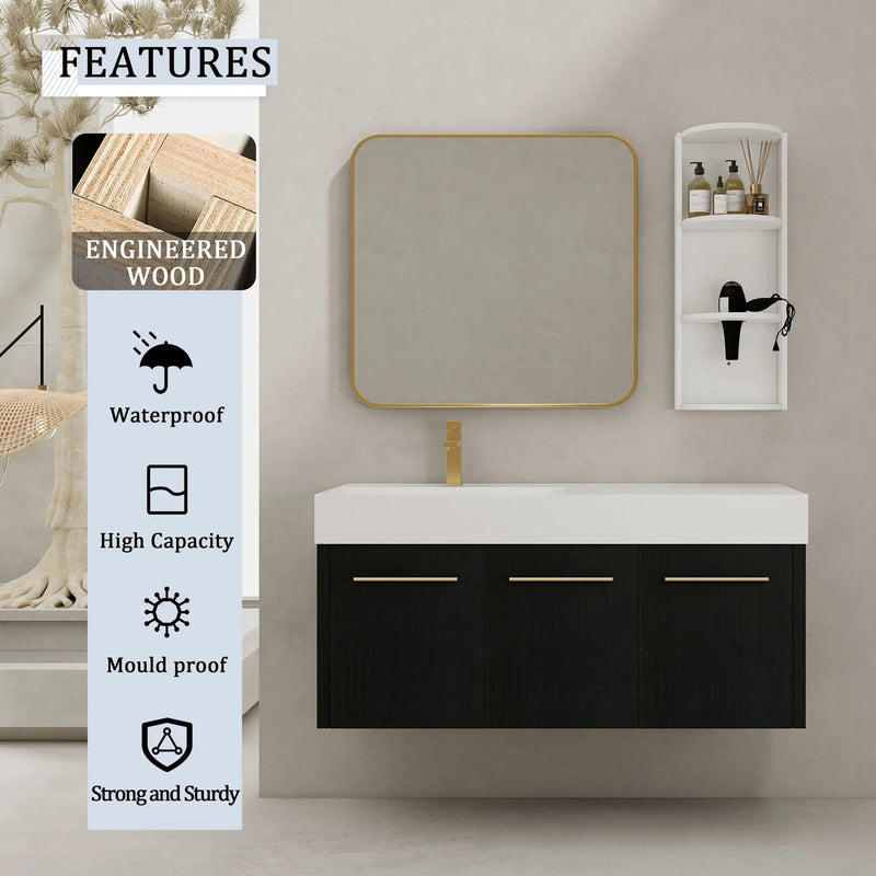 Modern Chestnut Wall Mounted Bathroom Vanity With Left Resin Sink And Storage Rack - Black Chestnut by Unique Piece Furniture