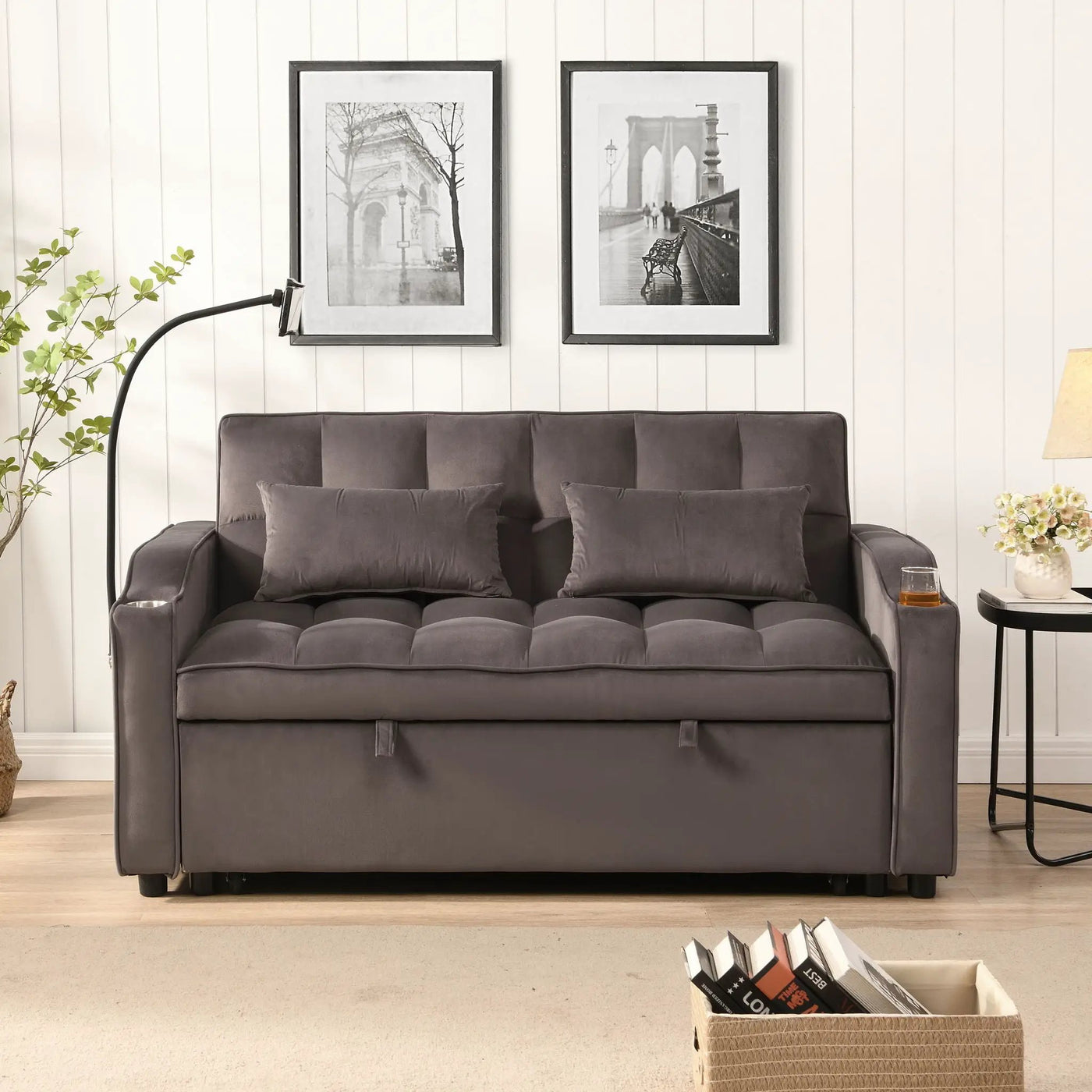 Modern Loveseat Futon Sofa With Pullout Bed, Adjustable Reclining Backrest, Toss Pillows by Unique Piece Furniture