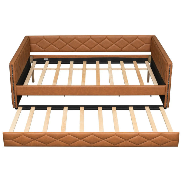 Upholstered Full Long Daybed With Trundle And LED Armrests - Brown