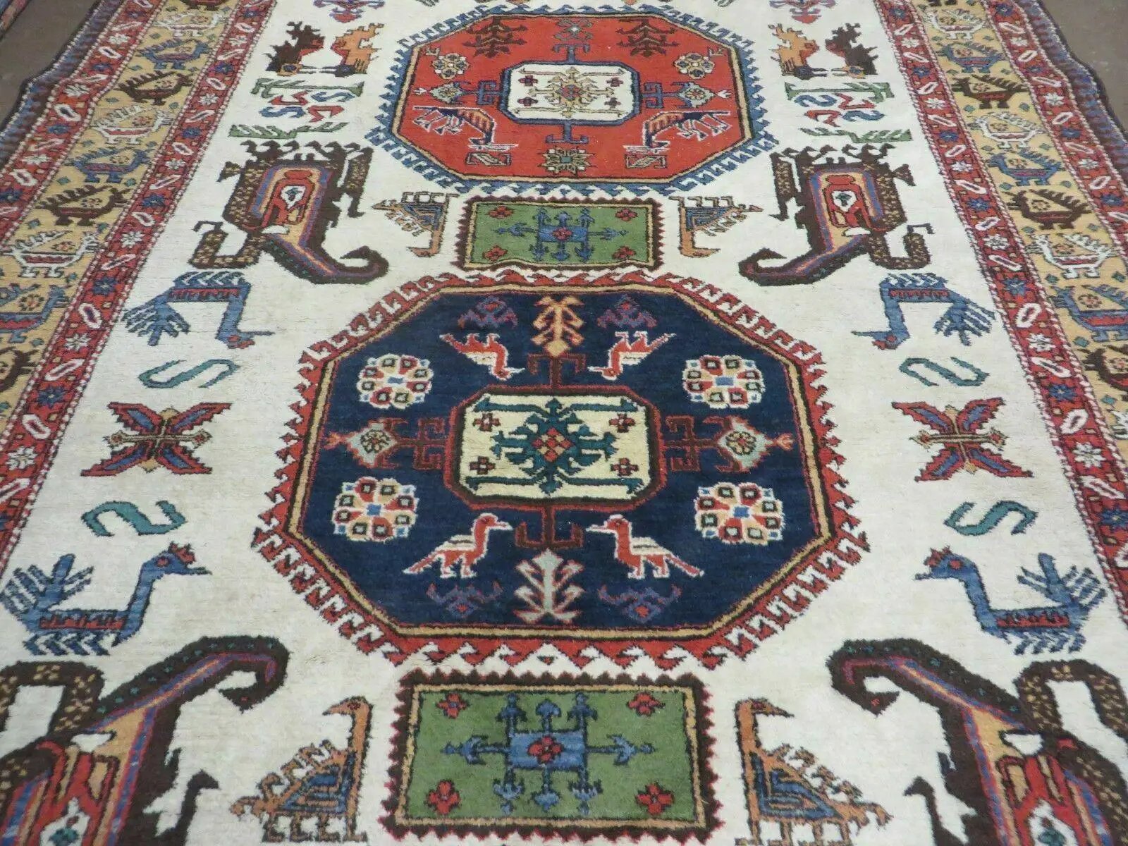 7' X 10' Vintage Handmade Knotted Turkish Wool Rug Birds Animal Ivory Organic by Jewel Rugs