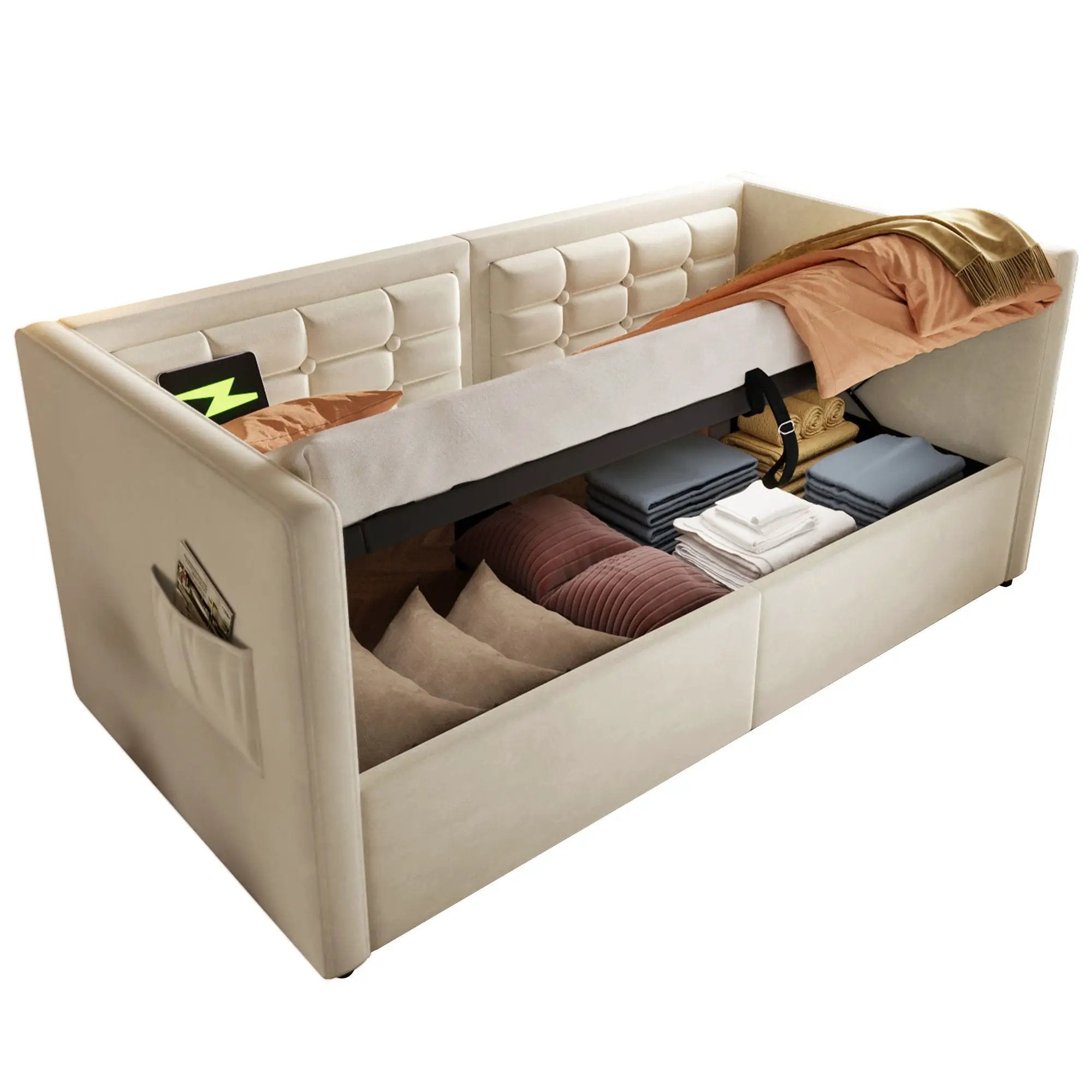 Upholstered Hydraulic Storage Daybed With USB & Type C Charging by HouseOfZazla