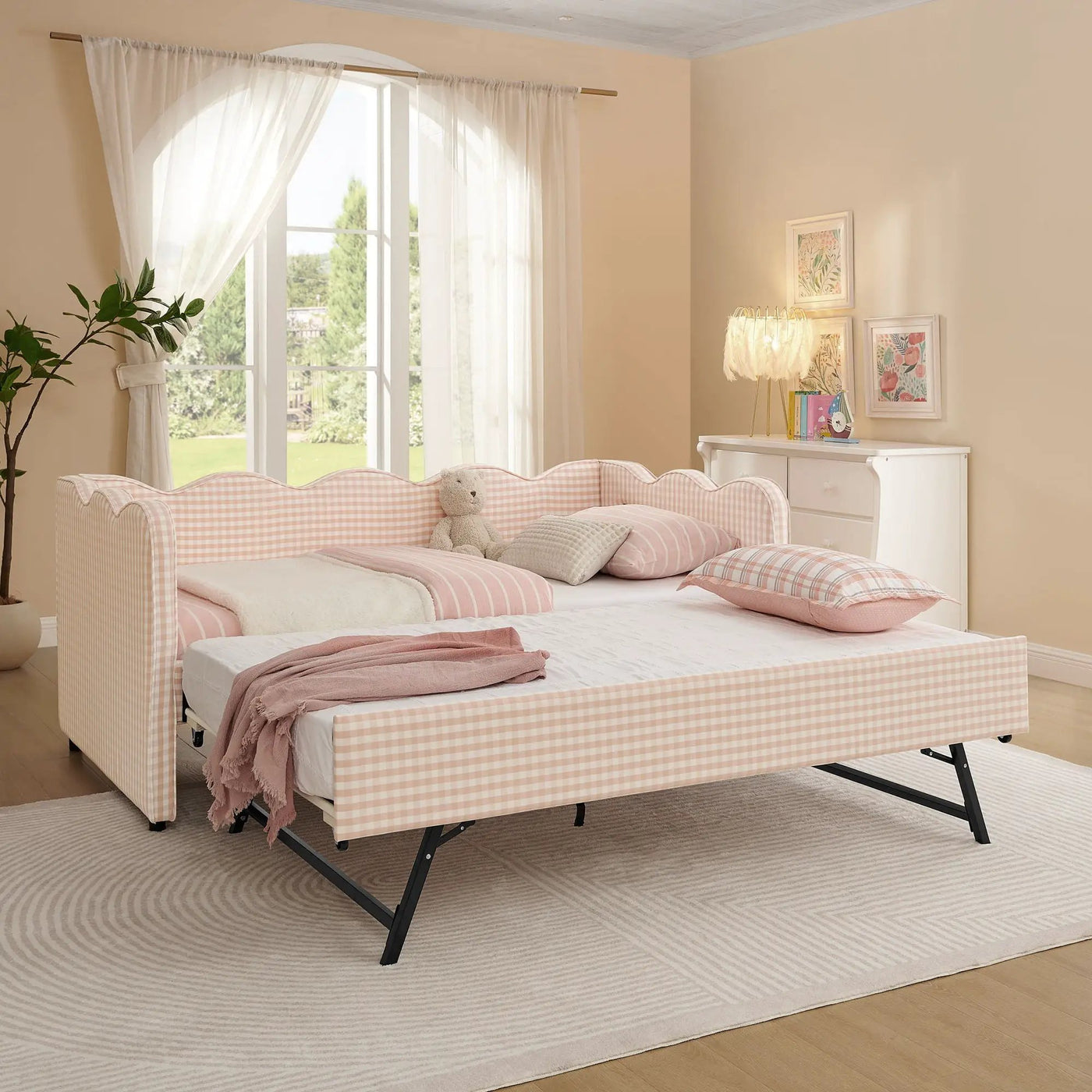 Gingham Daybed With USB Charging Port, Wave Shaped Design by Unique Piece Furniture