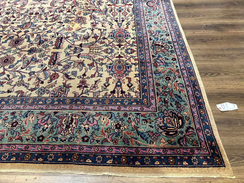 Antique Persian Rug 10x15, Camel and Cyan, Allover Pattern, Rare, Samarkand Rug by Jewel Rugs