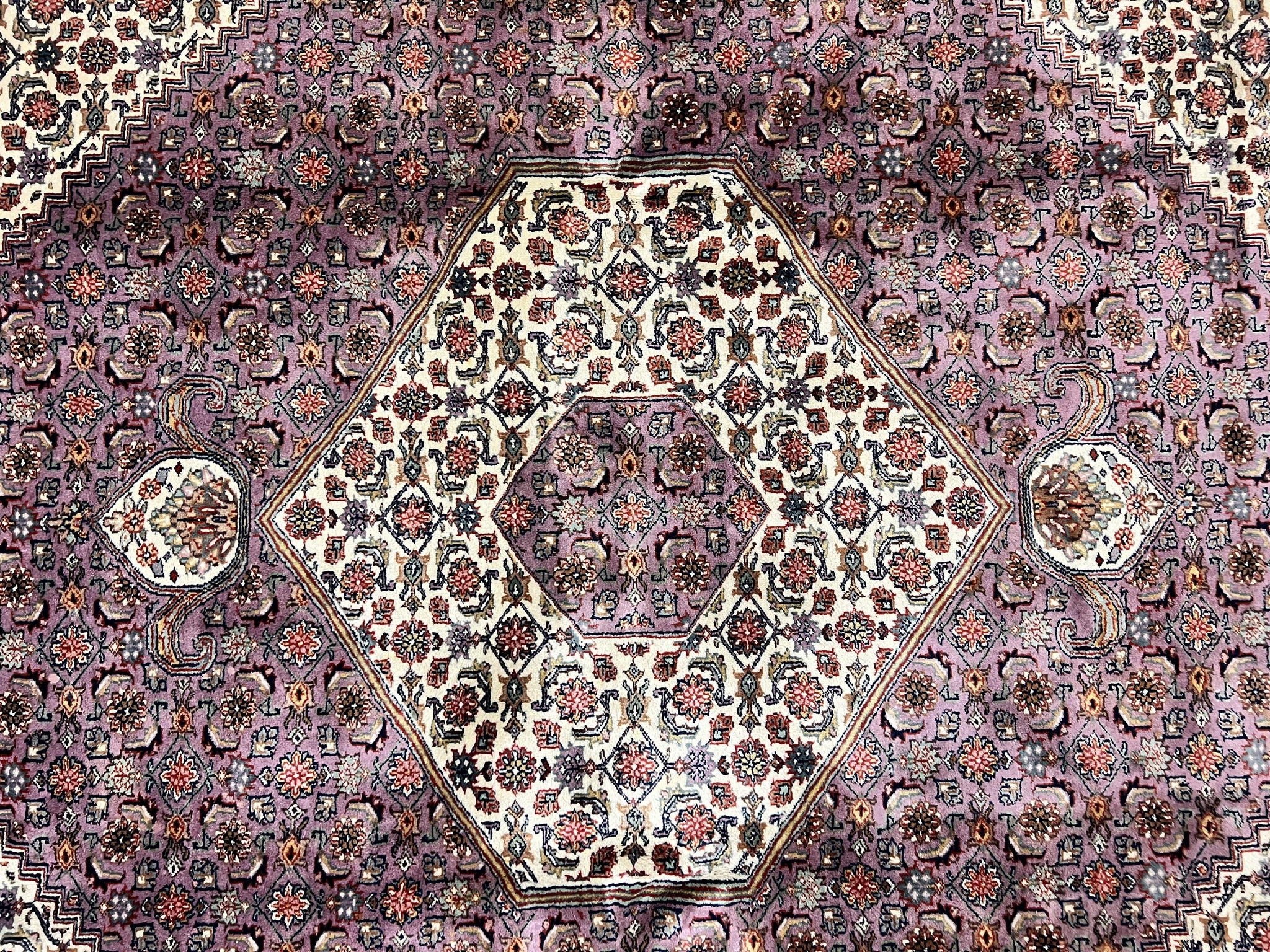 Indo Persian Bidjar Rug 8x10, Purple and Ivory Hand Knotted Wool Vintage Oriental Carpet, Herati Mahi Pattern, 8 x 10 Traditional Fine Rug by Jewel Rugs