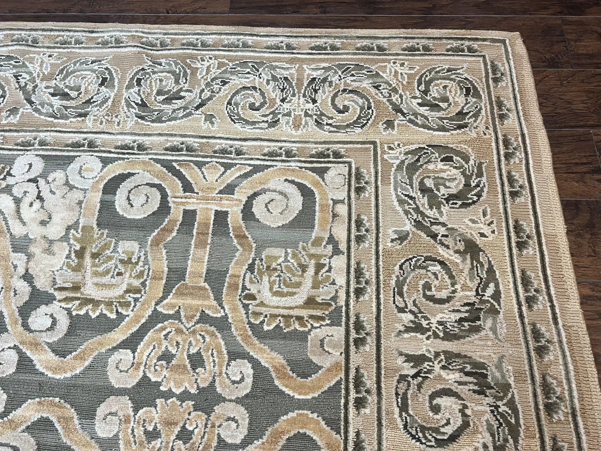 Spanish Rug 11x14, Wool Hand Knotted Vintage Carpet, Olive Green and Beige, Floral Allover, European Design, 11 x 14 Rug by Jewel Rugs