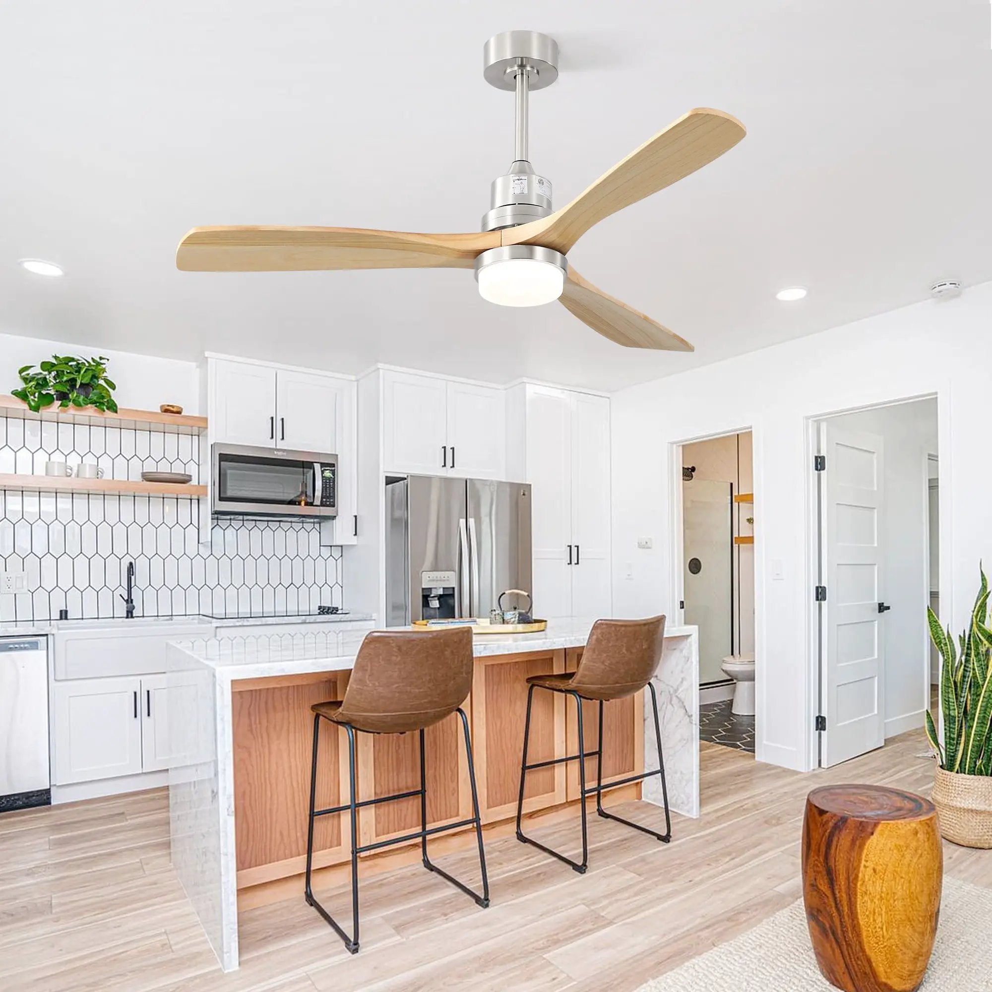 Ceiling Fan With Dimmable LED Light 6 Speed Remote 3 Wood Blade Reversible DC Motor For Bedroom - Brushed Nickel by Unique Piece Furniture