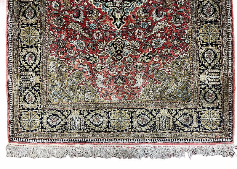 Persian Qum Silk Rug 3.8 x 5.6, Silk on Silk, Animal Pictorials, Fine 330 KPSI by Jewel Rugs