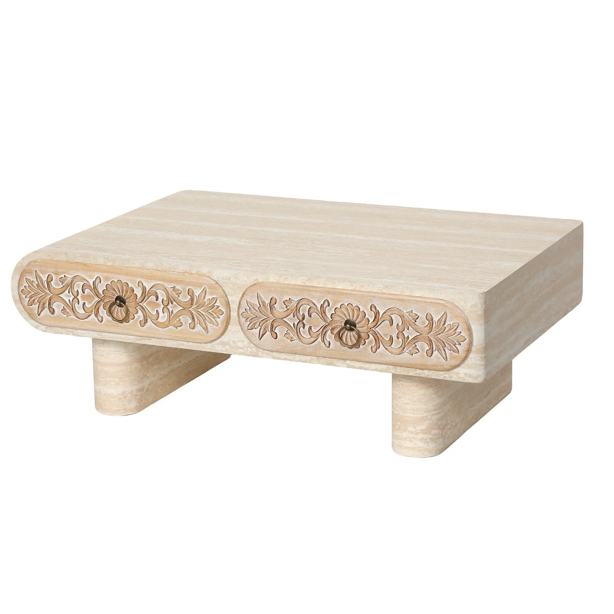 Rounded Edge Coffee Table with Flower Pattern Solid Wood Drawer by HouseOfZazla