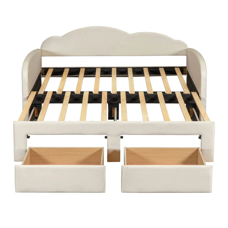 Upholstered Daybed With Cloud-Shaped Backrest, Trundle & 2 Drawers And USB Ports by HouseOfZazla