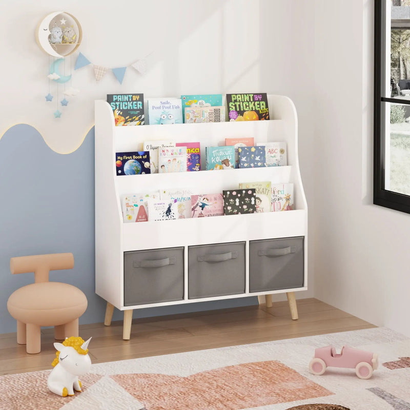 Bookshelf With 3 Storage Bins, Book Display Organizer, Front Facing Book Rack - White by HouseOfZazla