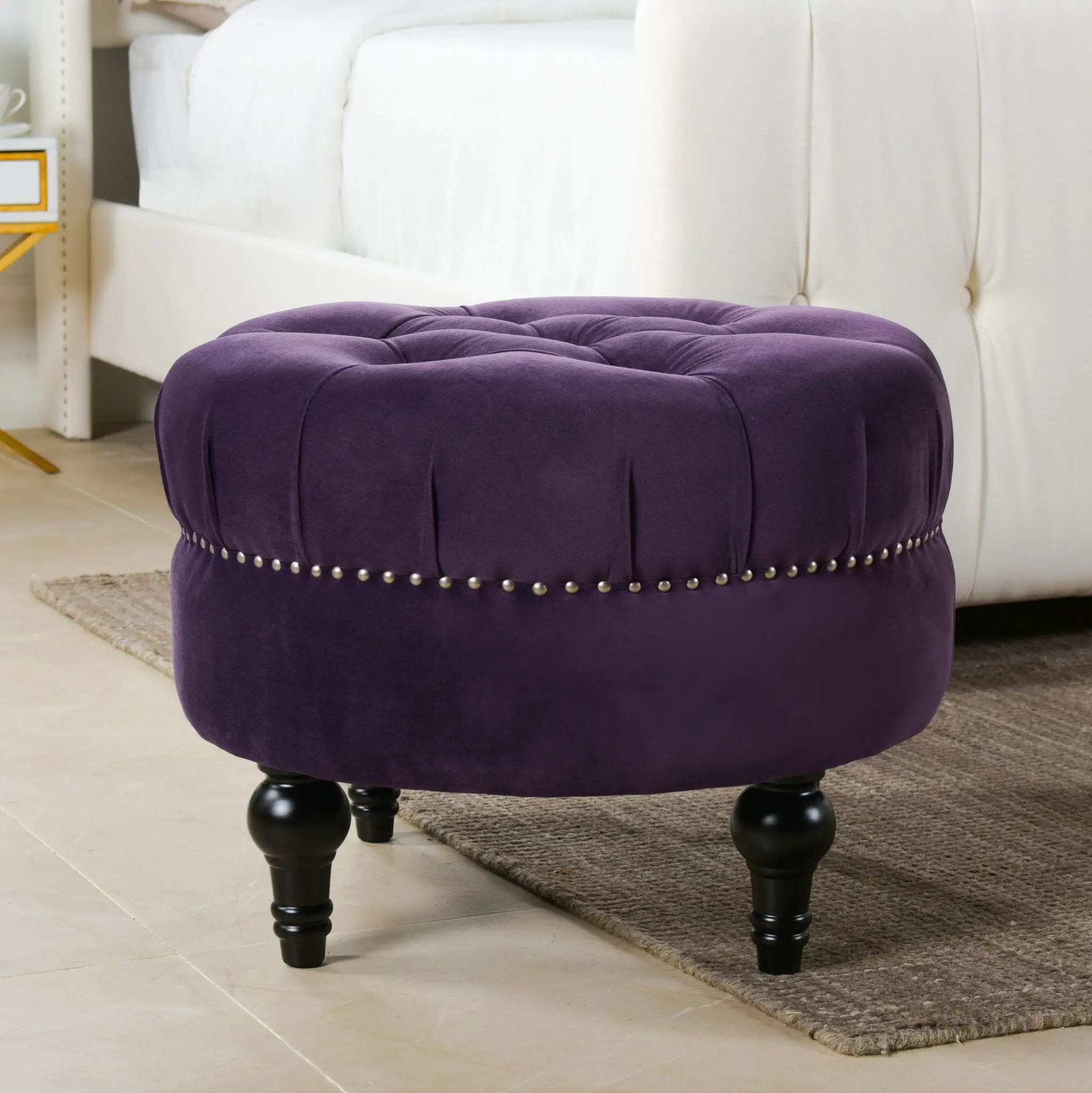 Dawn - Tufted Round Ottoman Nailhead Accents - Purple by HouseOfZazla