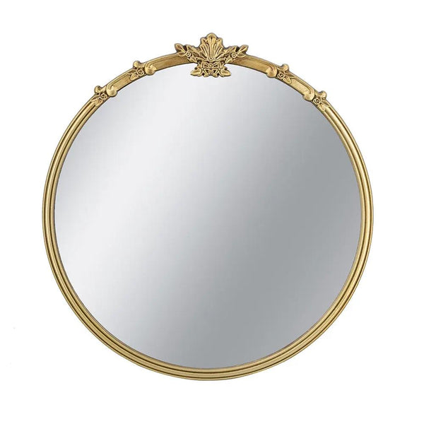 30x31" Round Wall Mirror with Gold Finish and Decorative Leaf Crest