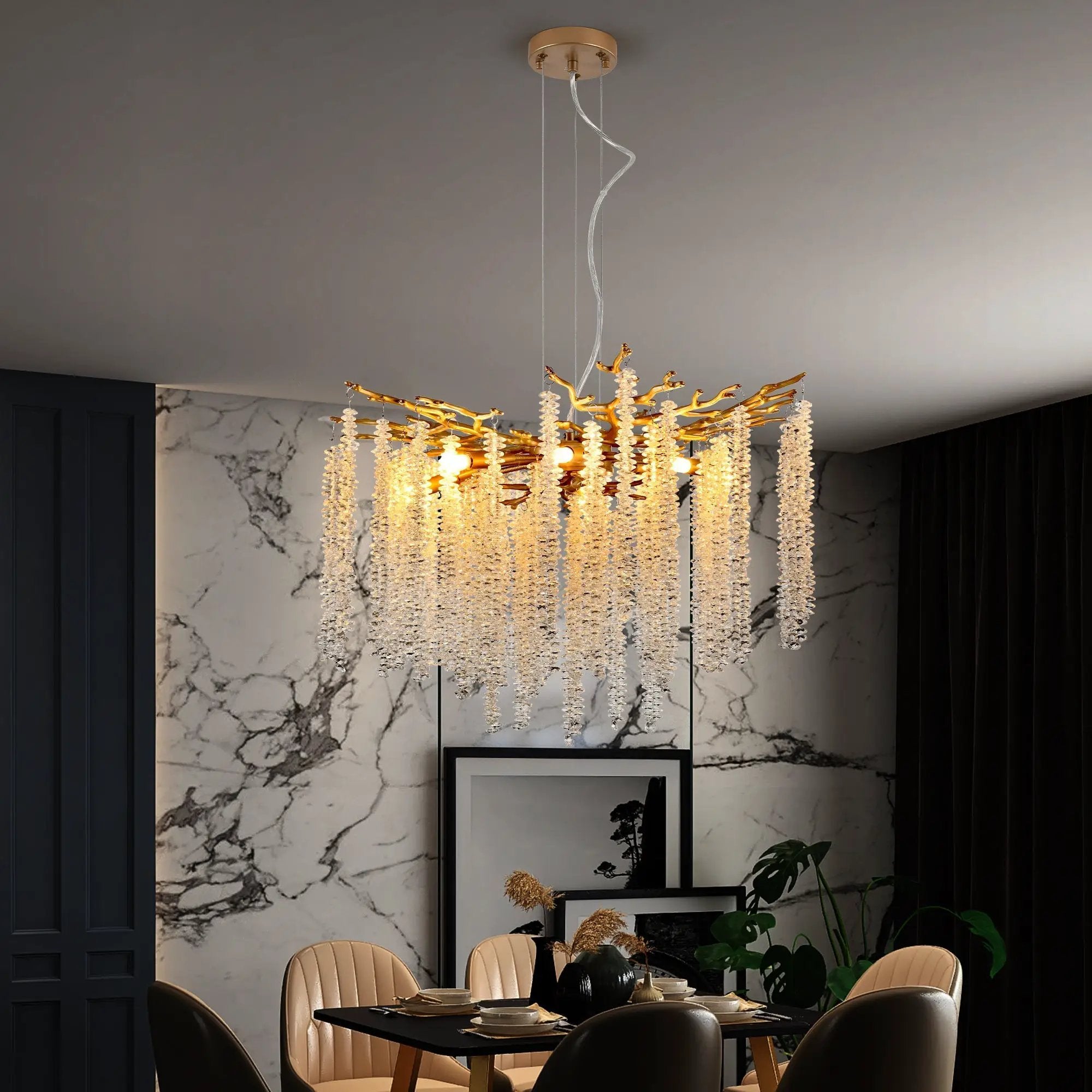 24-inch Modern Golden Pendant Light with Cascading Crystal Strands by HouseOfZazla