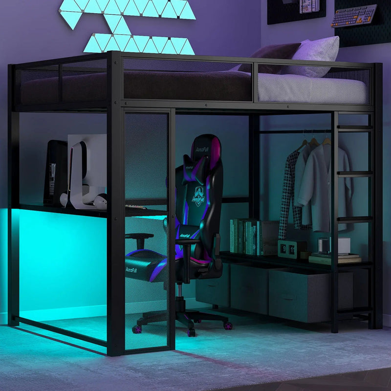 Full Size Gaming Loft Bed With LED Desk, Open Wardrobe, 3 Linen Storage Drawers - Black by HouseOfZazla