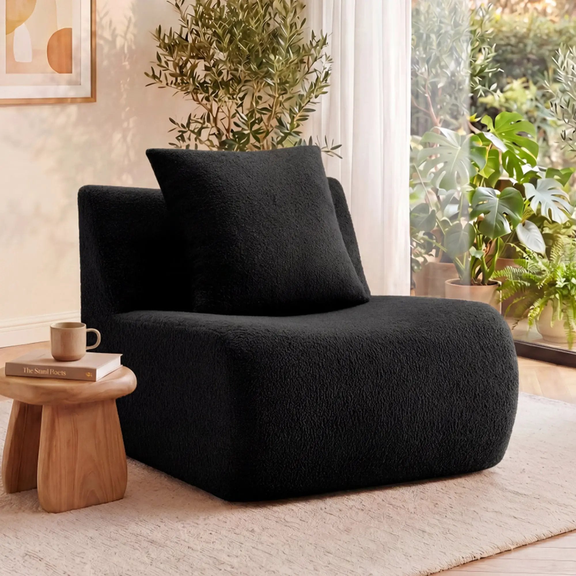 Armless Sofa With Pillow Teddy Fabric - Black by HouseOfZazla