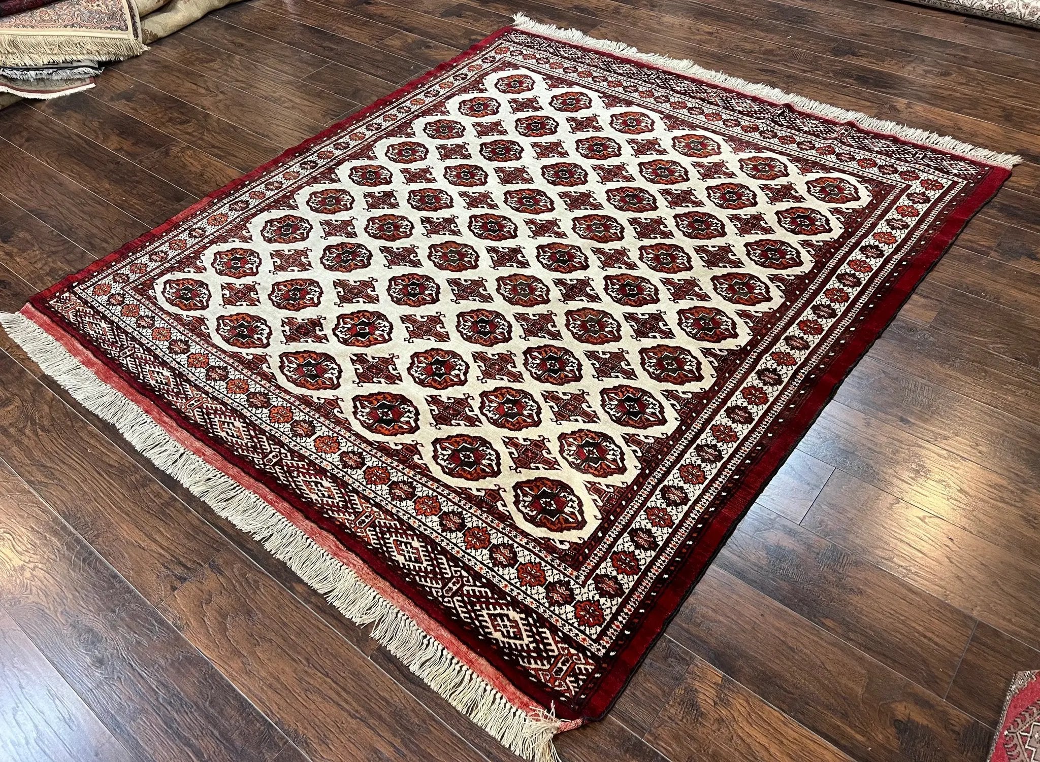 Persian Turkoman Rug 7x8, Almost Square Rare, Hand Knotted, Yamud, Bohemian Rug, Handmade Tribal Rug, Cream Red, Handmade Oriental Carpet by Jewel Rugs