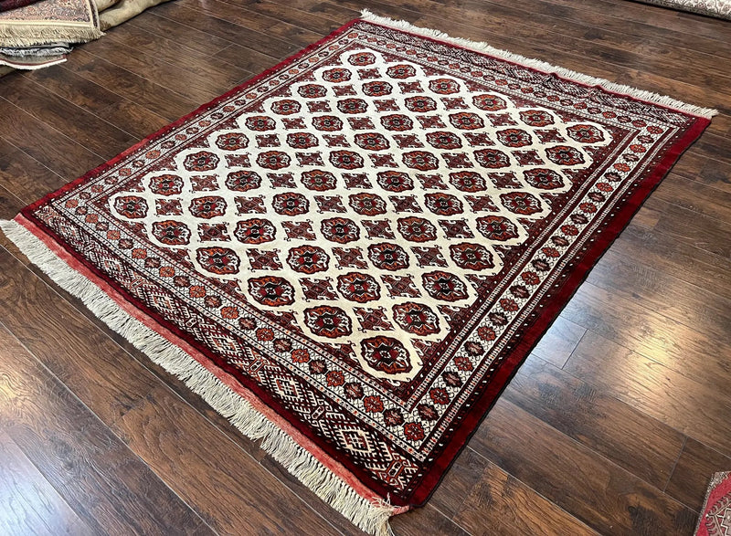 Persian Turkoman Rug 7x8, Almost Square Rare, Hand Knotted, Yamud, Bohemian Rug, Handmade Tribal Rug, Cream Red, Handmade Oriental Carpet by Jewel Rugs
