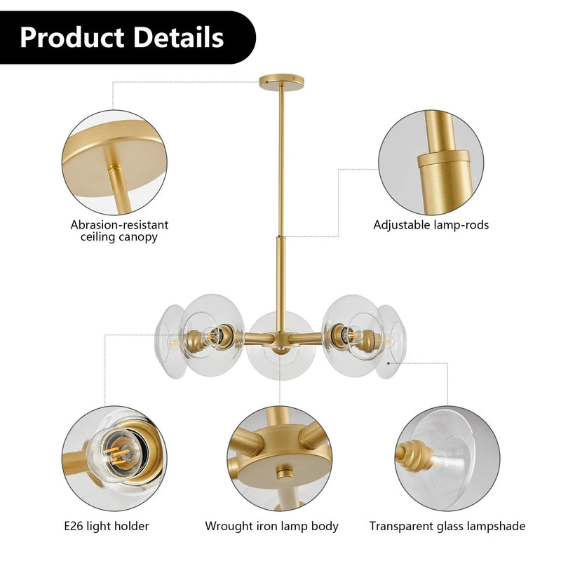 26" Modern Gold 5-Light Sputnik Chandelier with Clear Glass Shades by HouseOfZazla
