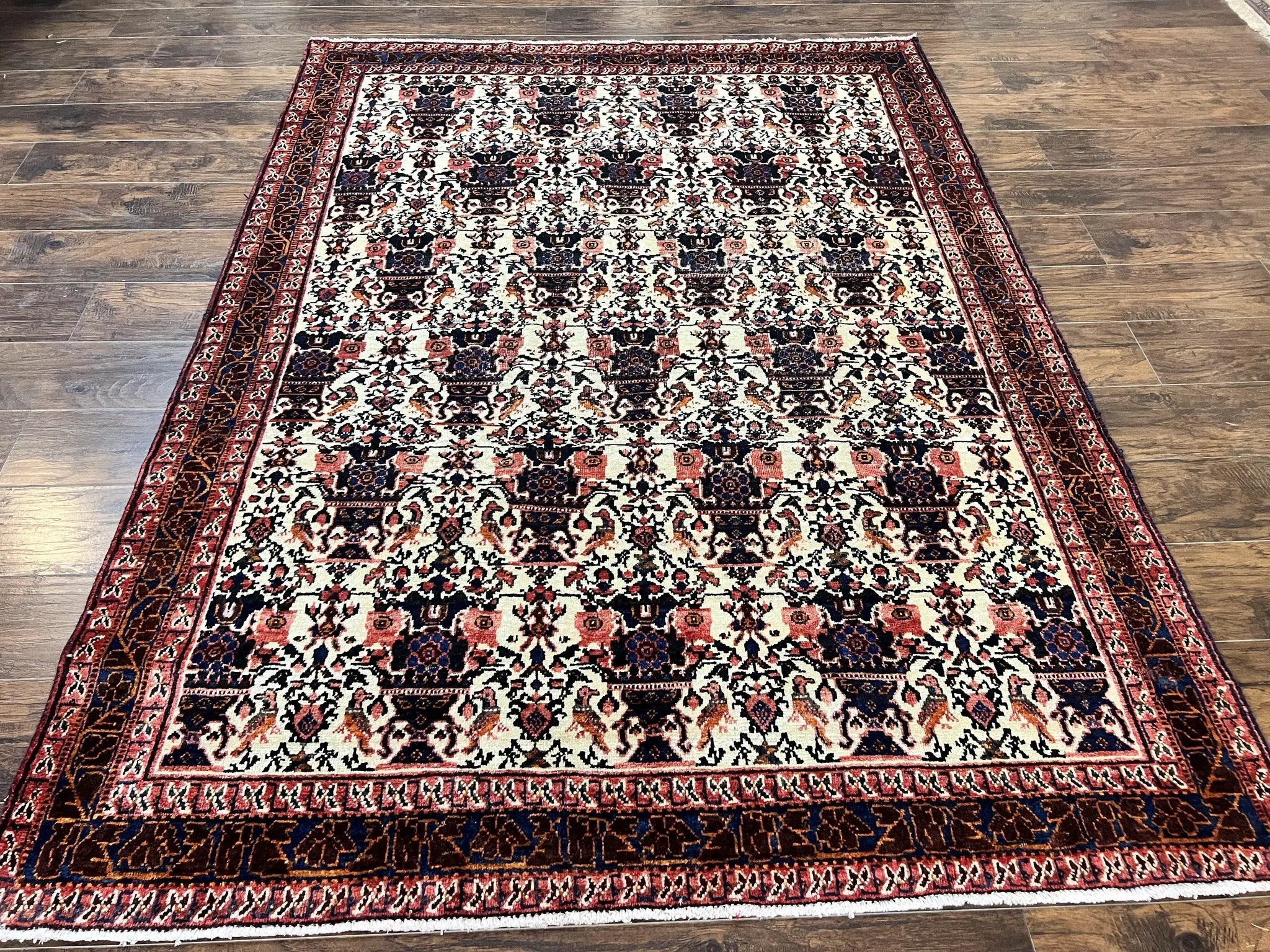 Persian Afshar Rug 6x8, Wool Hand Knotted Semi Antique Vintage Carpet, Floral Allover, Repeated Birds Flowers Vases Motifs by Jewel Rugs