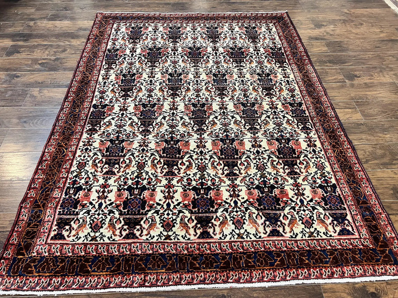 Persian Afshar Rug 6x8, Wool Hand Knotted Semi Antique Vintage Carpet, Floral Allover, Repeated Birds Flowers Vases Motifs by Jewel Rugs