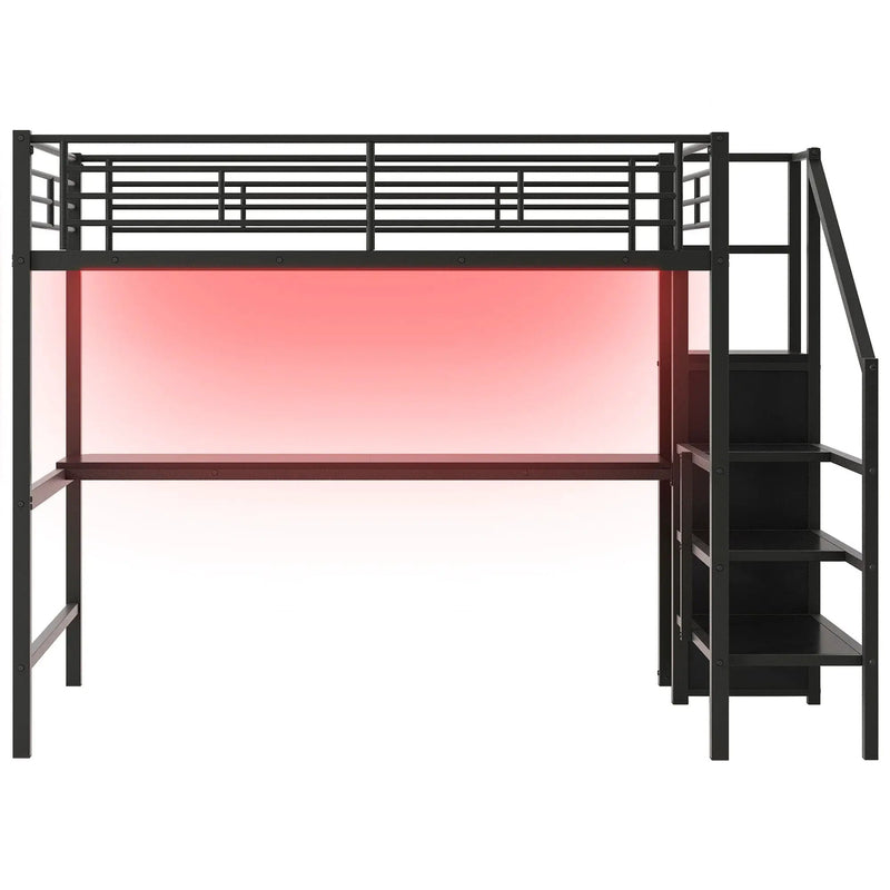Full Size Loft Bed With Desk, Storage Staircase, Small Wardrobe And LED Light - Black by HouseOfZazla