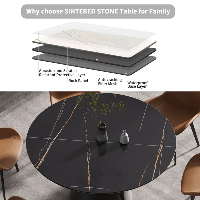 Round Modern Artificial Stone Carbon Steel Base Dining Table, Can Accommodate 6 People - Black by HouseOfZazla
