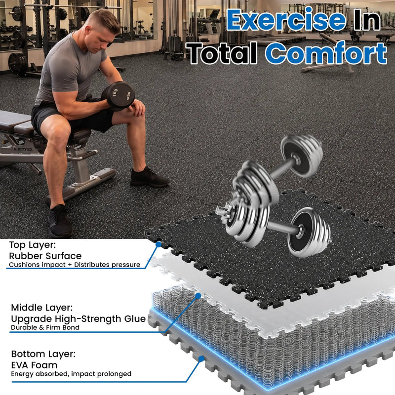 0.6 Inch Thick Gym Floor Mats, 6 Tiles Rubber Top with EVA Foam by HouseOfZazla