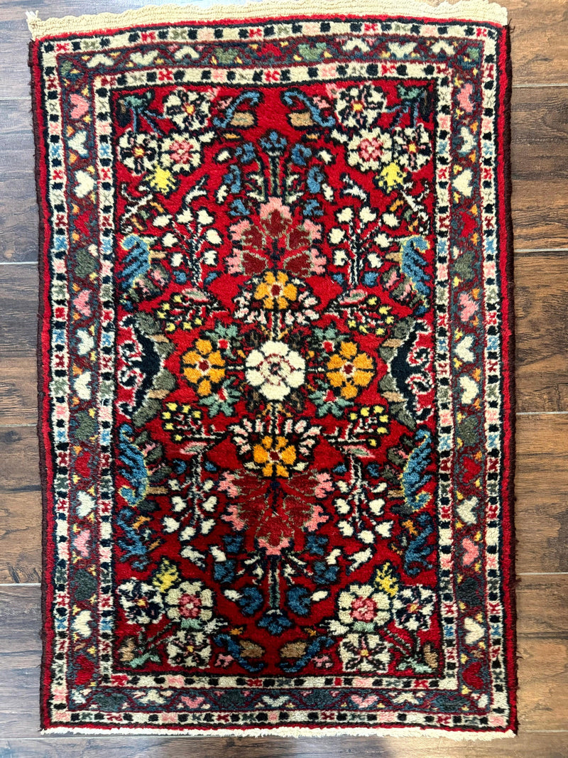 Small Persian Tribal Rug 2x3, Red Colorful Small Hamadan Carpet, Antique Persian Rug by Jewel Rugs