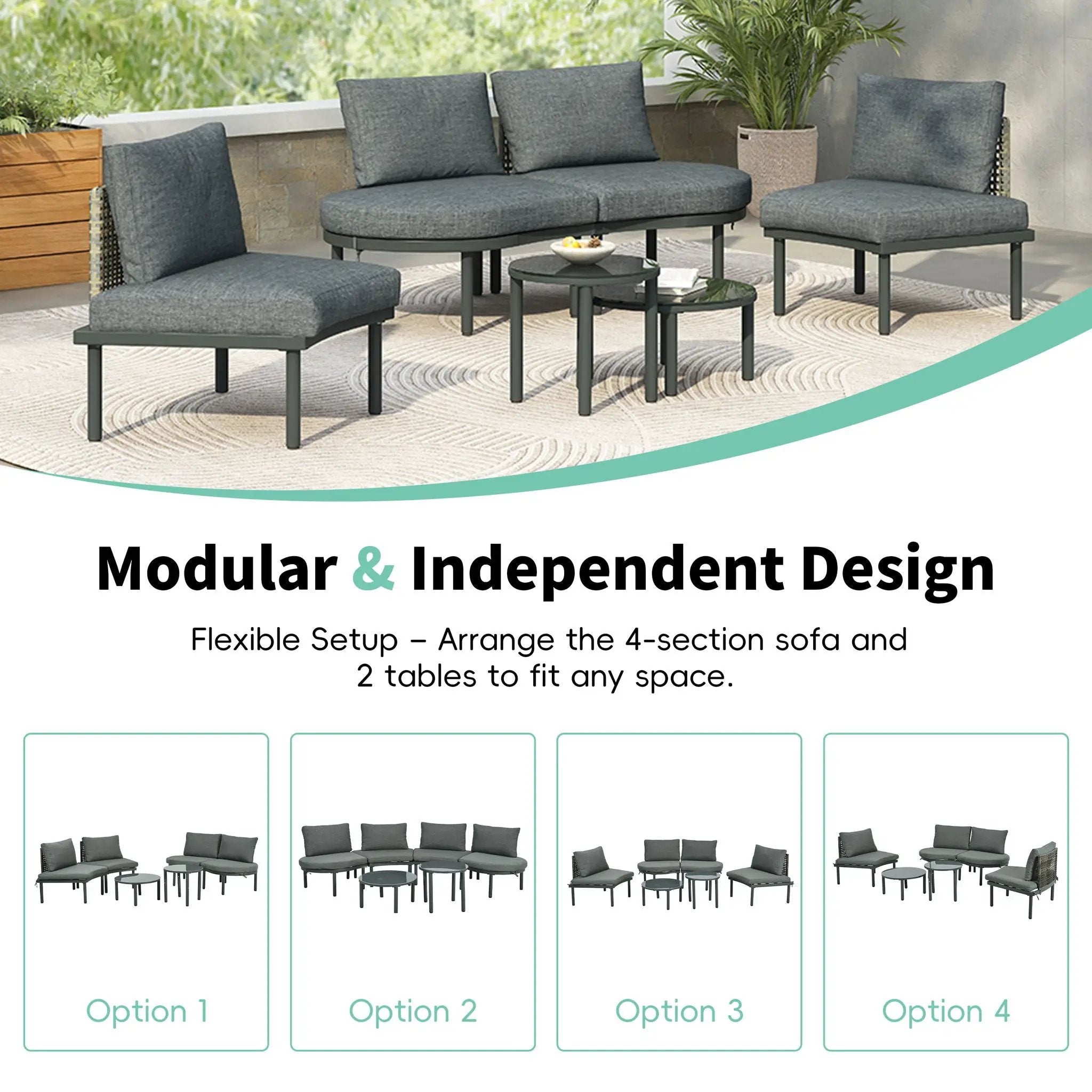 6 Piece Patio Set, Half Moon Outdoor Sectional Sofa With 2 High Low Coffee Tables, 4 Pillows & Cushions by Unique Piece Furniture