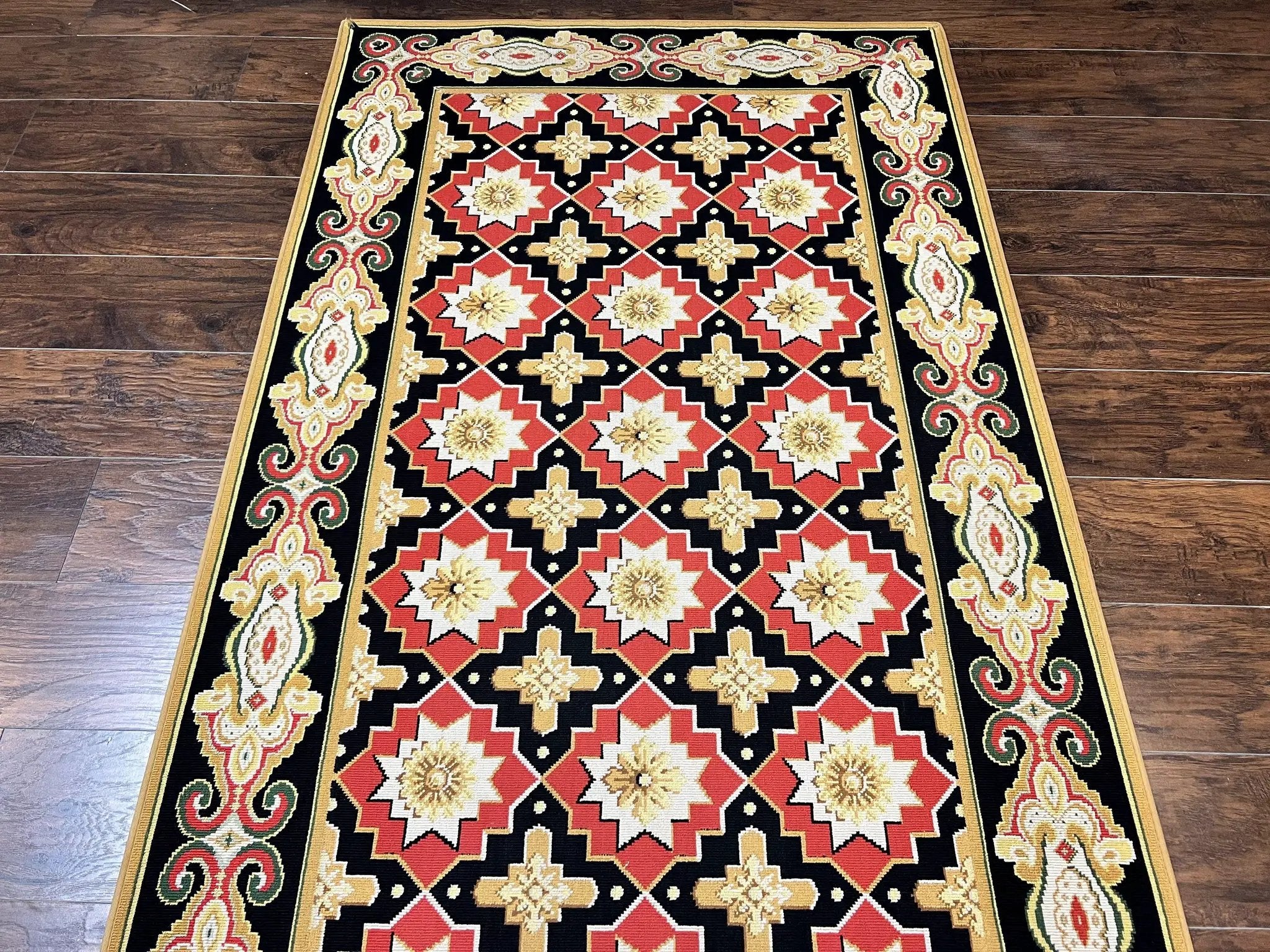 Runner Rug 4x19, Panel Design Rug, Custom Made Stark Runner Carpet, Wool, Vintage 4 x 19 Hallway Rug, European Design, Red Black Ivory Tan by Jewel Rugs