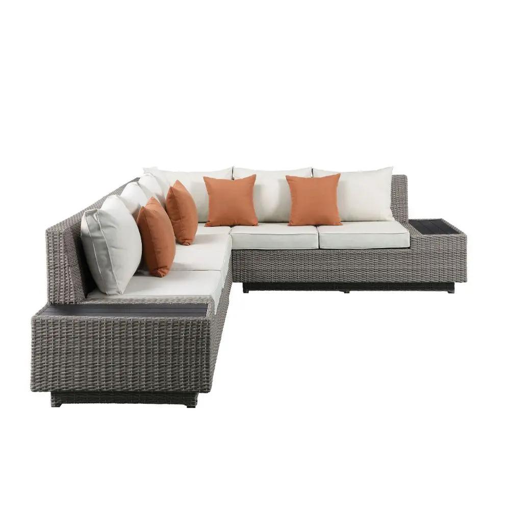 Salena - Patio Sectional Sofa With 4 Pillows & Coffee Table - Beige Fabric & Gray Wicker by Unique Piece Furniture