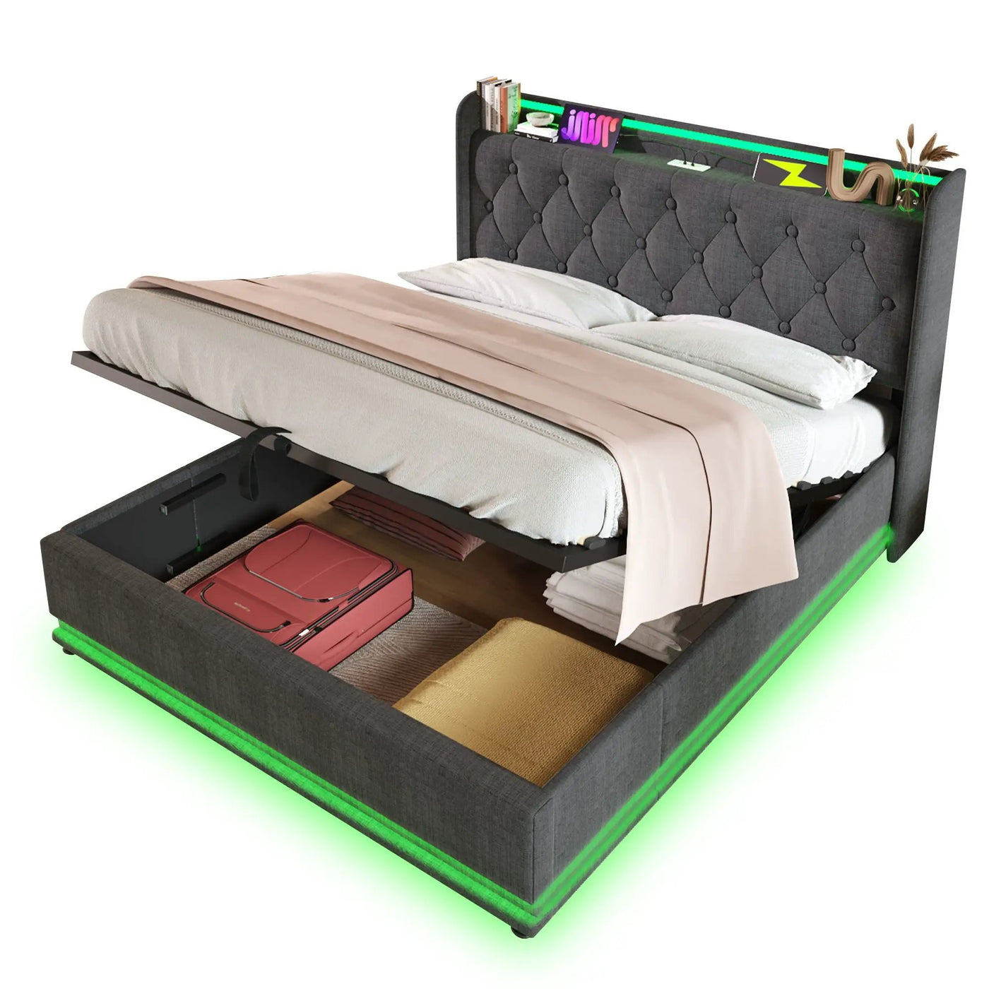 Upholstered Bed, 360 Surround LED Function, Remote Control, Hydraulic Storage Bed With USB, Type-C Charging (Without Mattress) by Unique Piece Furniture