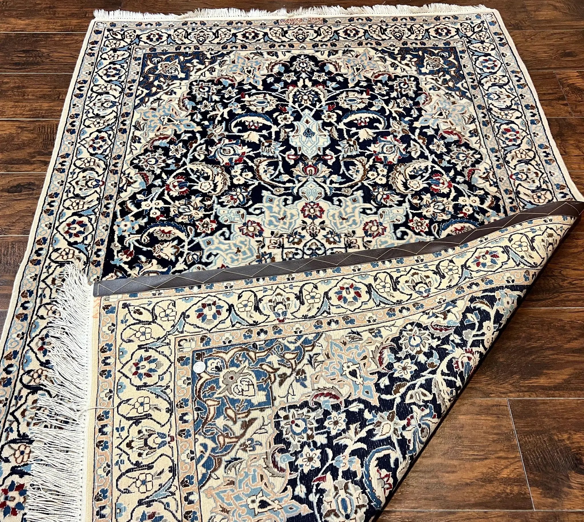 Persian Nain Rug 4x6, Floral, Hand Knotted Vintage Wool & Silk Highlights, Signature from Masterweaver, Navy Blue and Ivory by Jewel Rugs