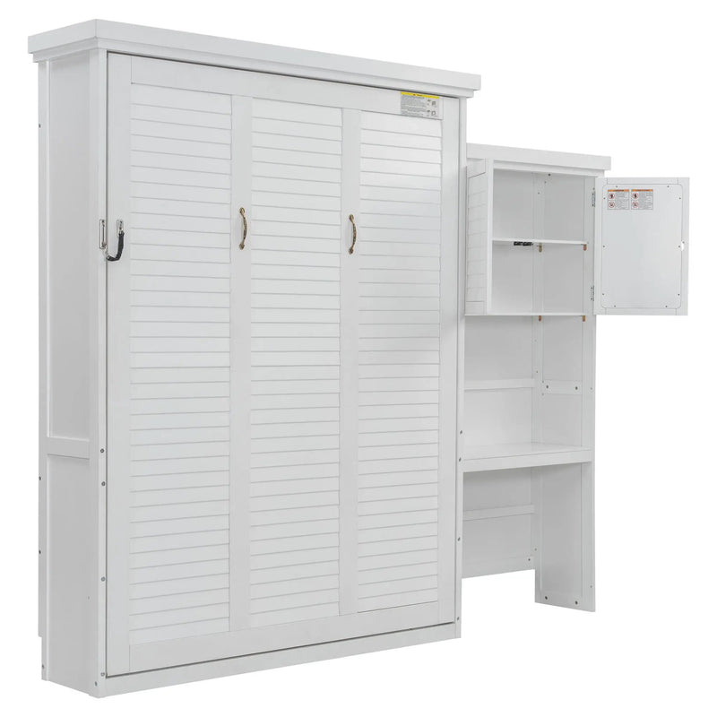 Queen Size Murphy Bed With Louvered Design And Multiple Storage Shelves - White by HouseOfZazla