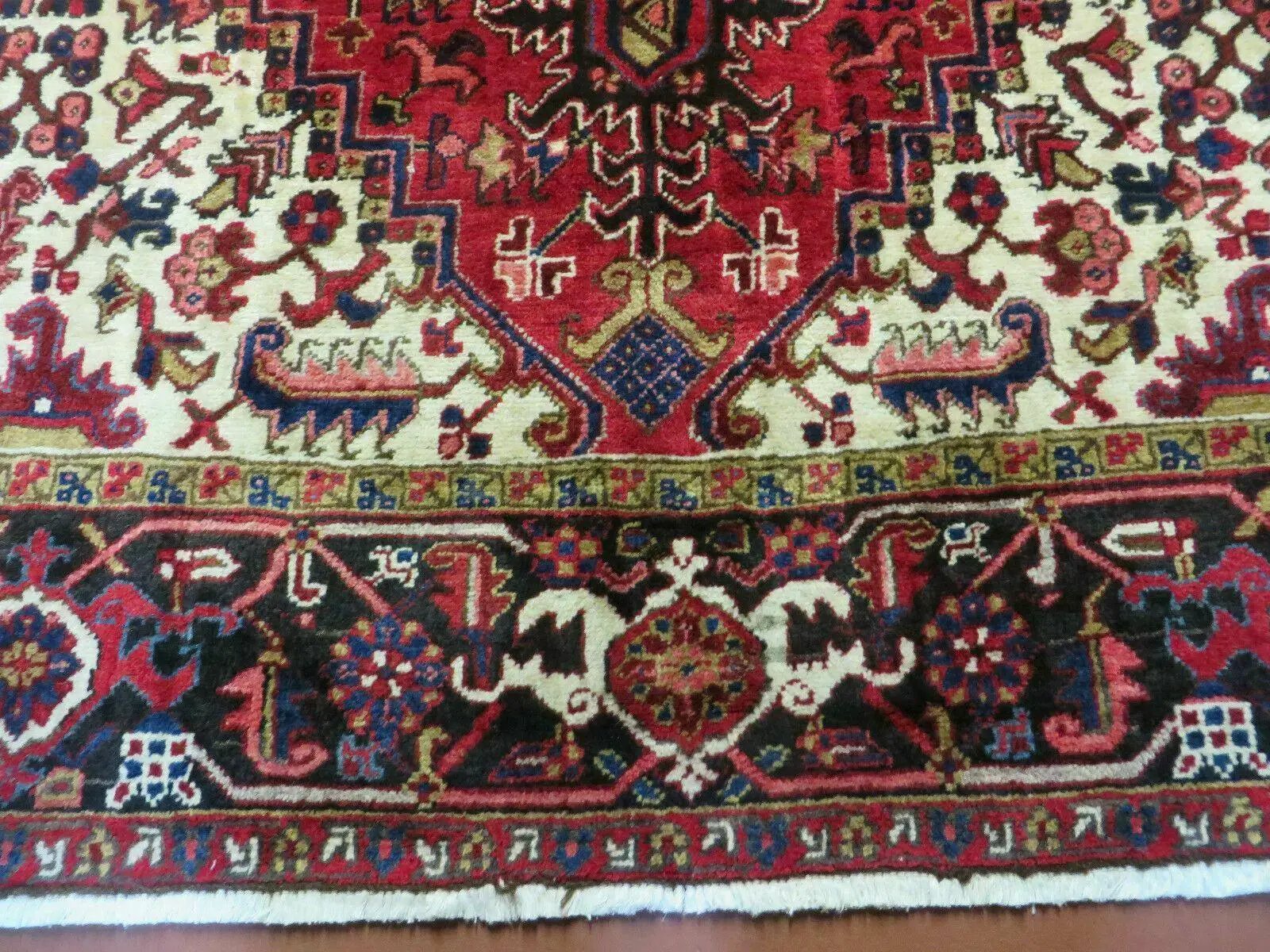 Wonderful Persian Heriz Rug 8.6 x 11, Geometric Heriz Carpet, Semi Antique Decorative Area Rug, Red Ivory Dark Blue Handmade Wool Room Sized by Jewel Rugs