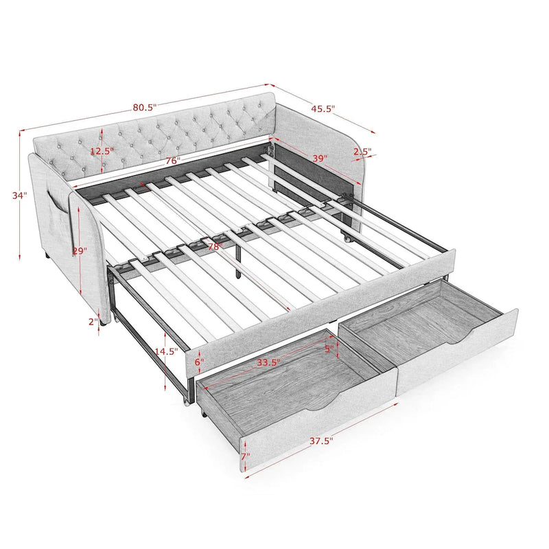 Daybed With Trundle And Storage Drawers, Flat Arms With Pocket by Unique Piece Furniture