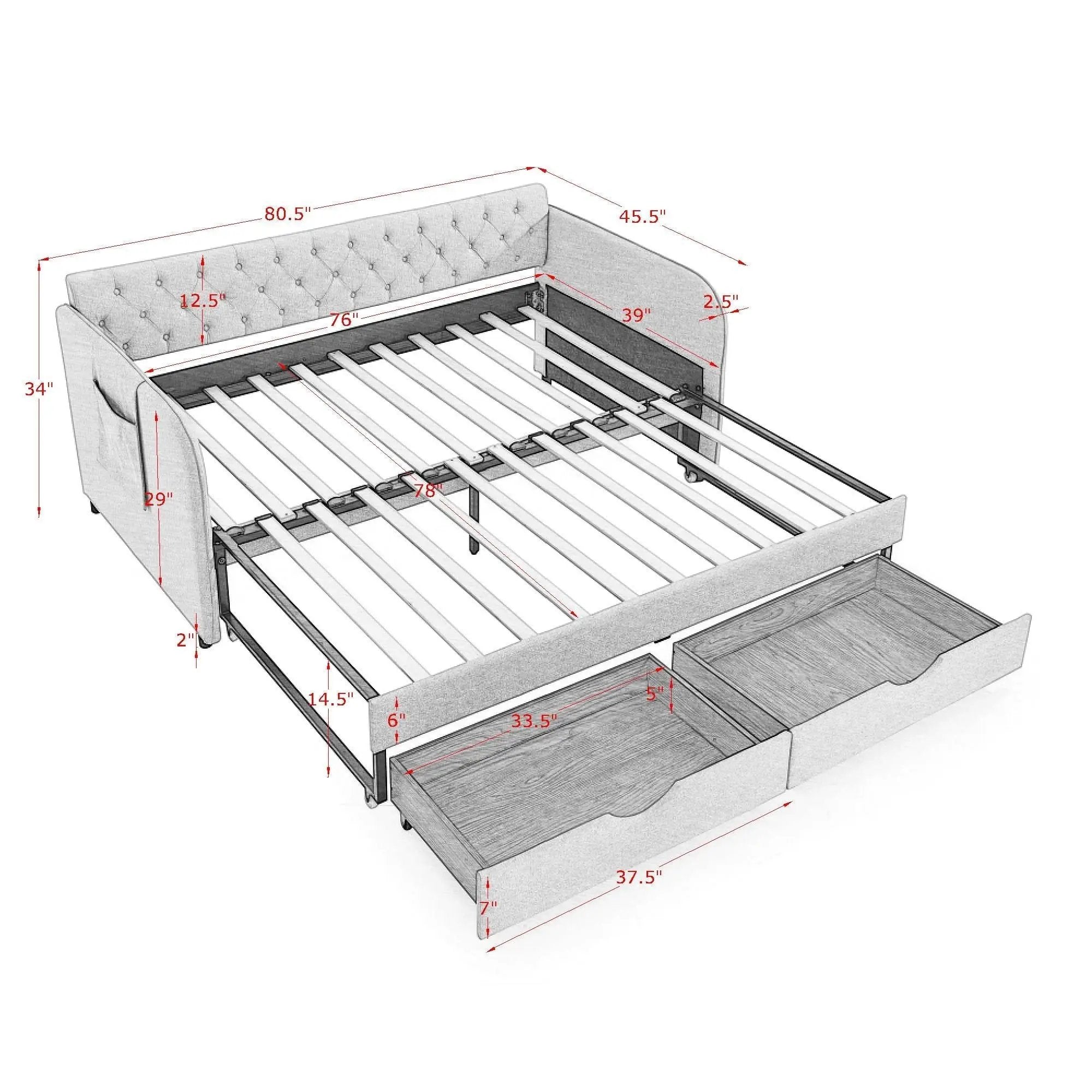 Daybed With Trundle And Storage Drawers, Flat Arms With Pocket by HouseOfZazla