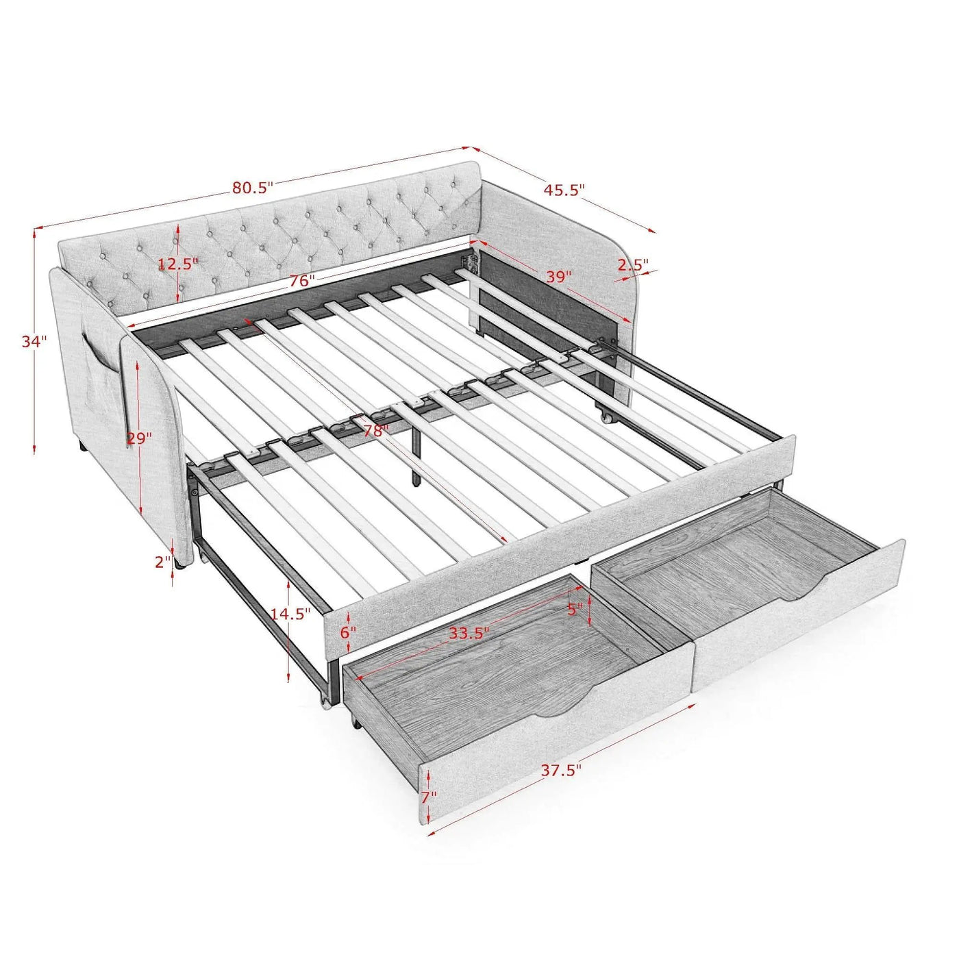 Daybed With Trundle And Storage Drawers, Flat Arms With Pocket by Unique Piece Furniture