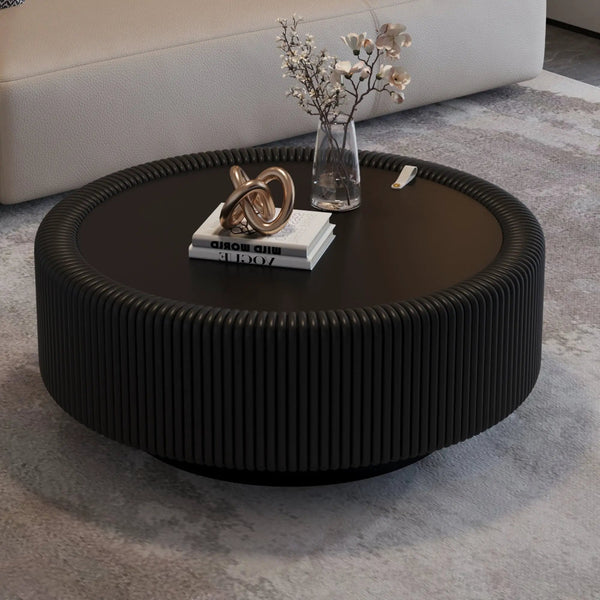 Black Round Fluted Coffee Table with Tempered Glass Top