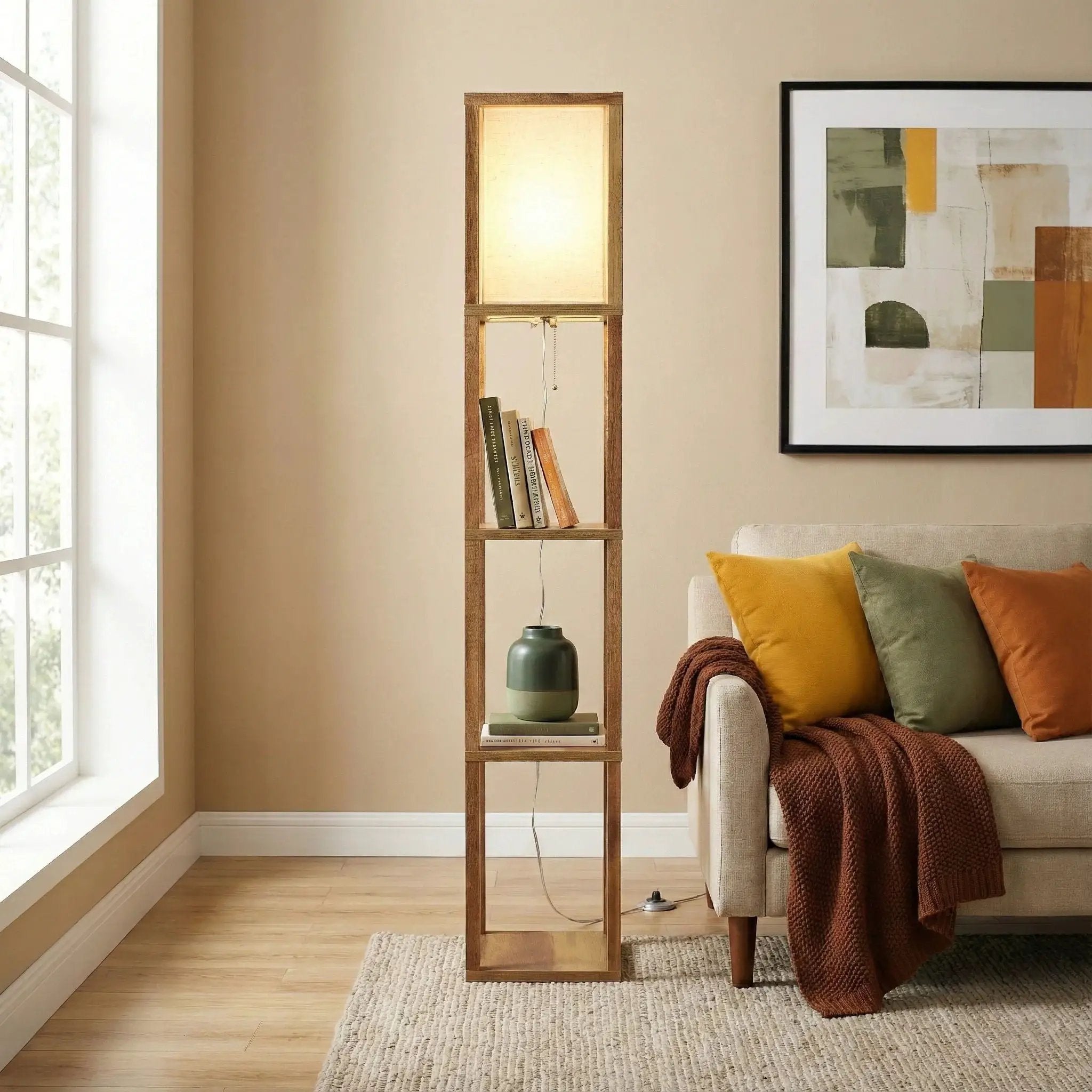 Pinnacle - Shelf Floor Lamp For Bedroom / Living Room, Long Shade - Natural Wood / White by Unique Piece Furniture