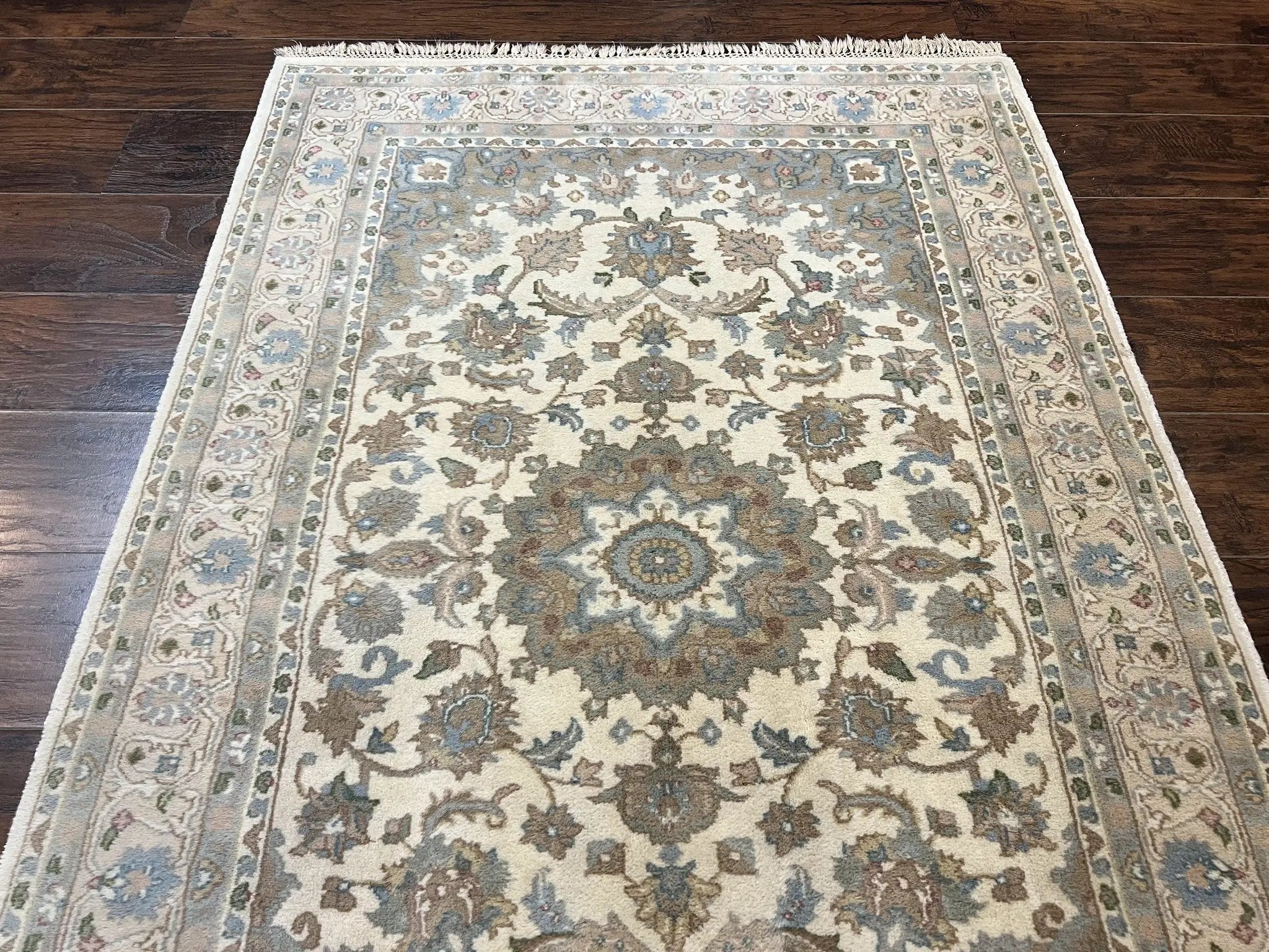 Indo Persian Rug 4x6, Floral Medallion, Beige, Handmade Wool Vintage Carpet 4 x 6 ft by Jewel Rugs