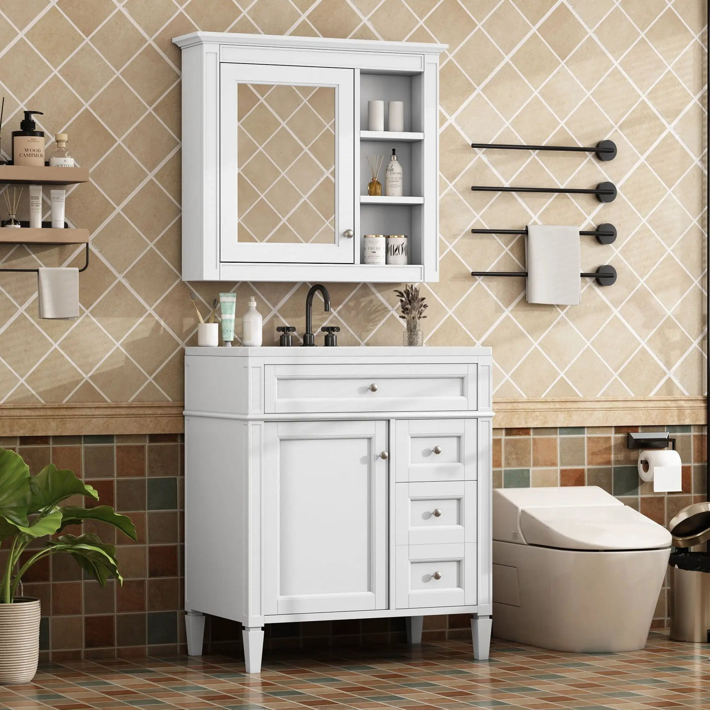 Bathroom Vanity With Top Sink, 2 Doors And 3 Drawers, Freestanding Set With Mirror Cabinet by Unique Piece Furniture