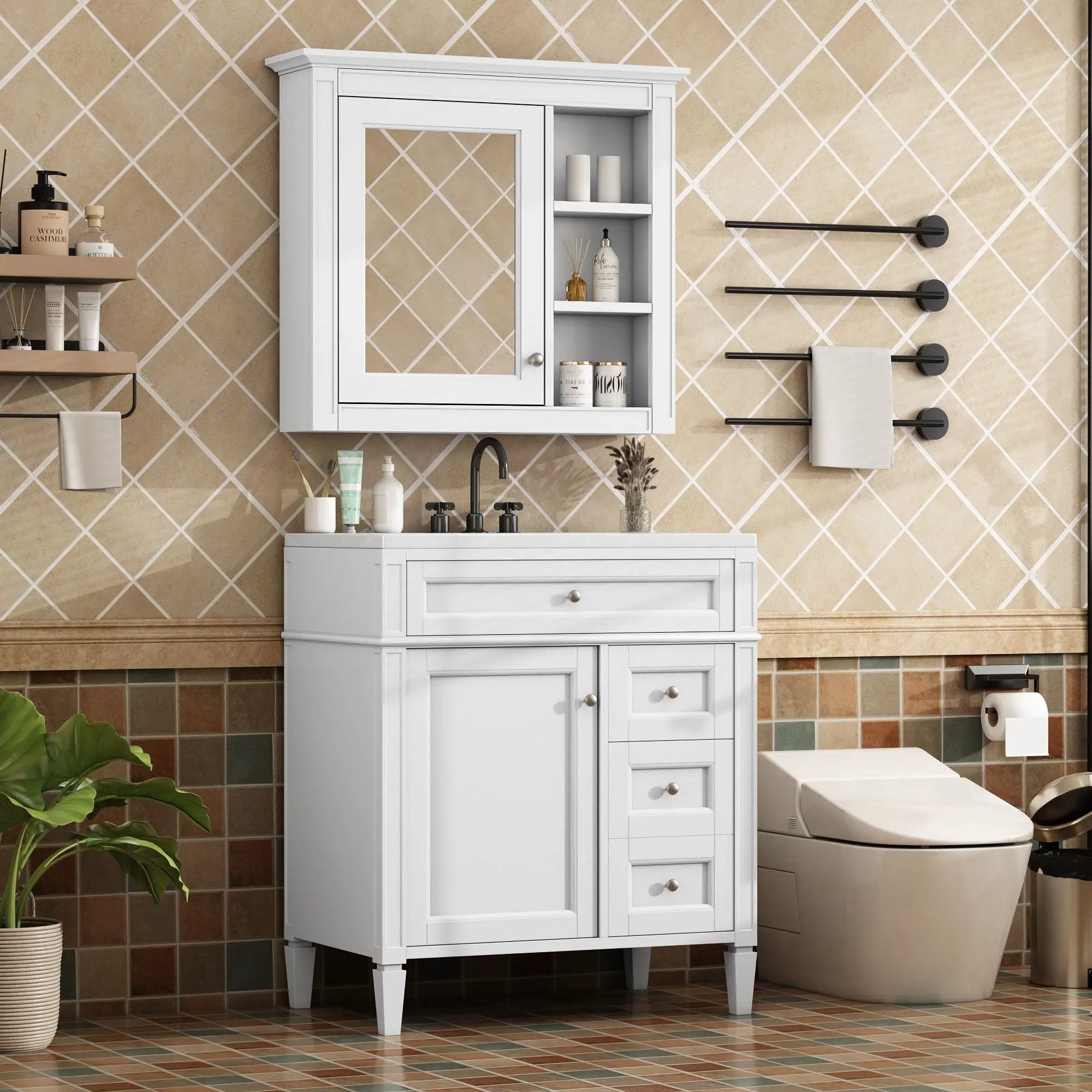 Bathroom Vanity With Top Sink, 2 Doors And 3 Drawers, Freestanding Set With Mirror Cabinet by Unique Piece Furniture