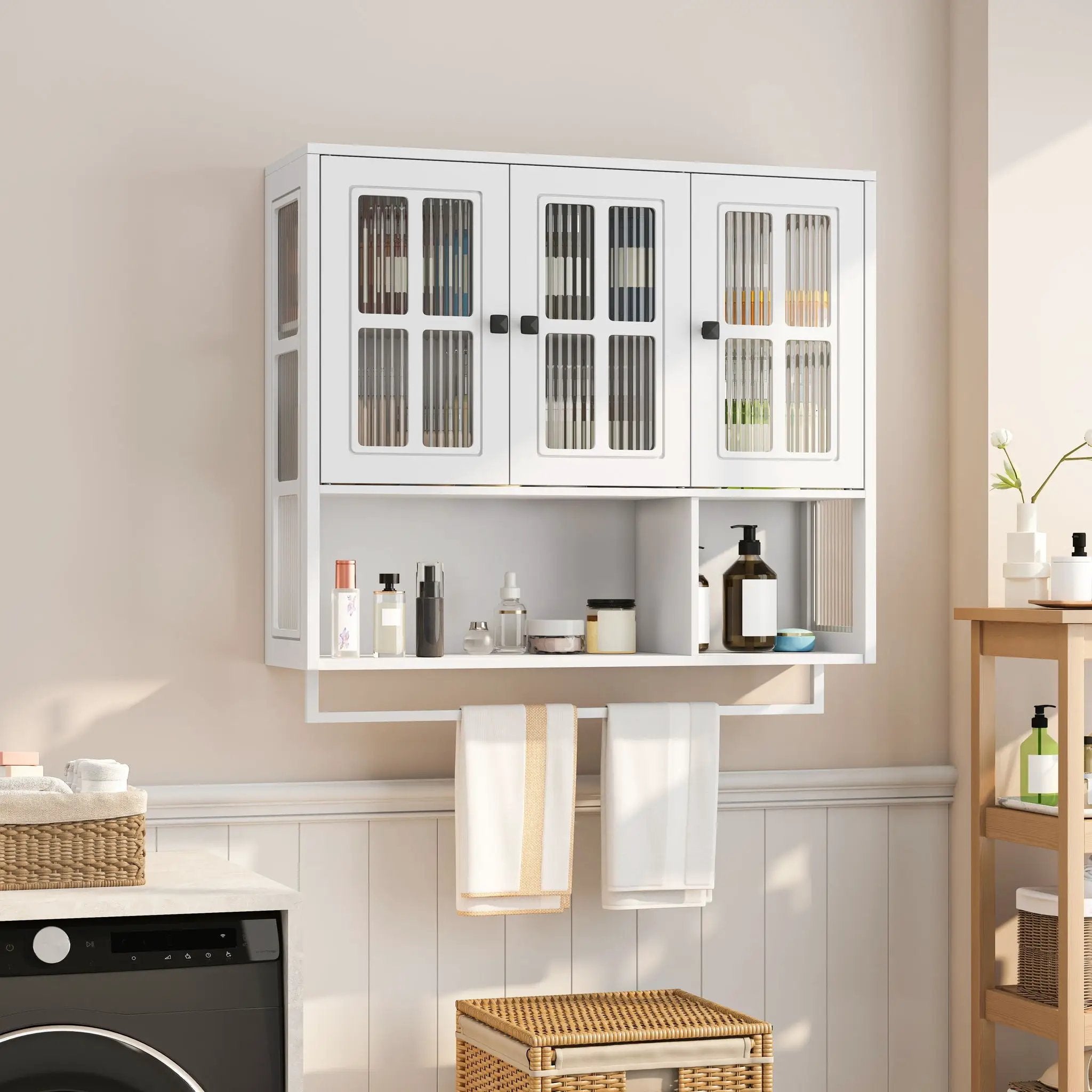 3 Door Wall Cabinet With Glass Door And Towel Bar by Unique Piece Furniture