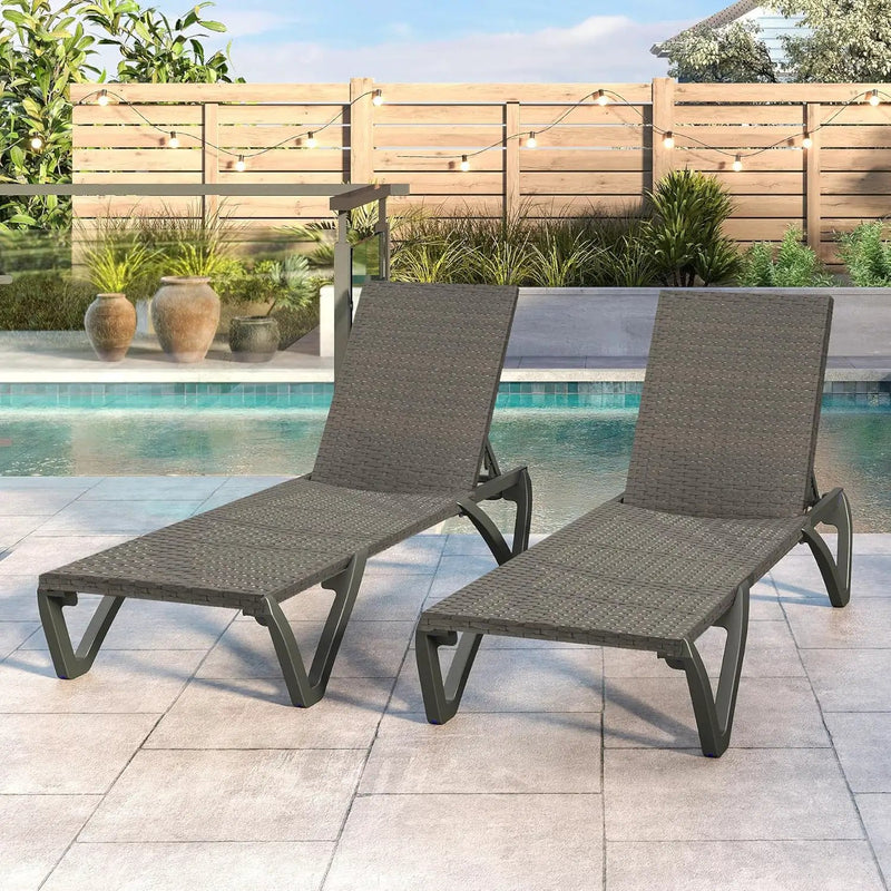 Pool Lounge Chairs Set of 2, Wicker Adjustable Outdoor Chaise Lounge with Wheels by HouseOfZazla
