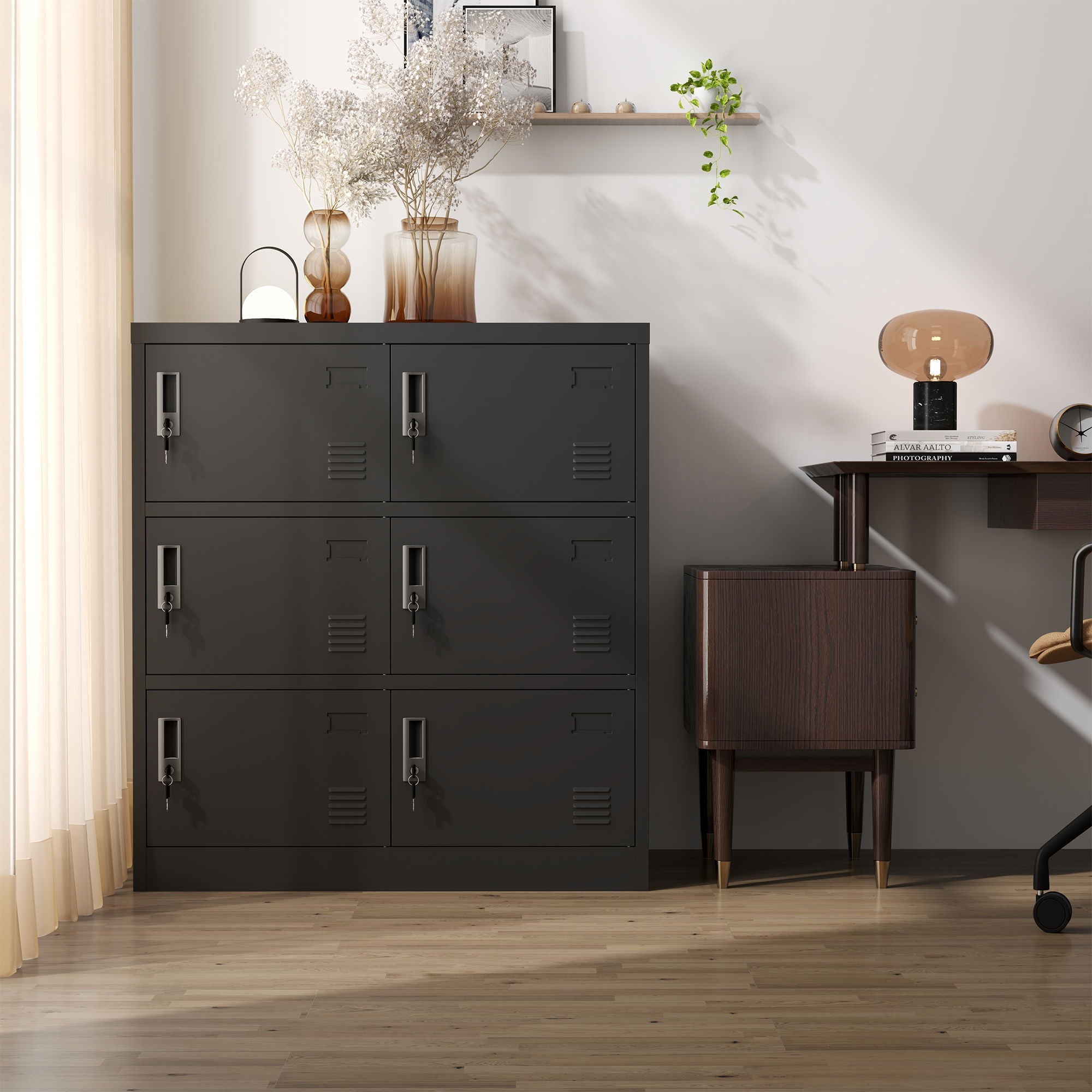 6 Door Employee Storage Locker, Lockers For Office, Gym, School, And Home With Card Slot - Black by HouseOfZazla